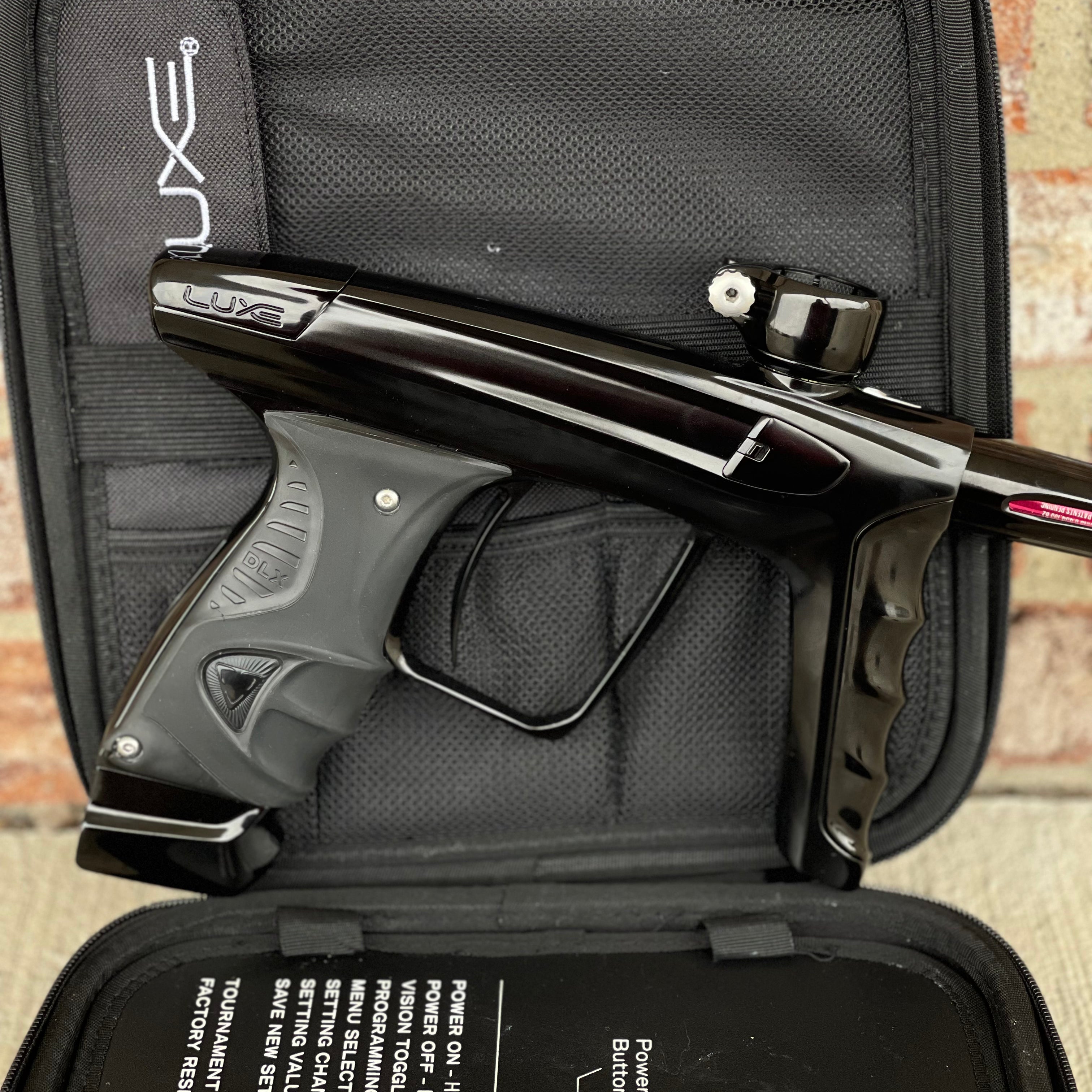 Used DLX Luxe X Paintball Gun - Polished Black w/ 16" Freak Tip