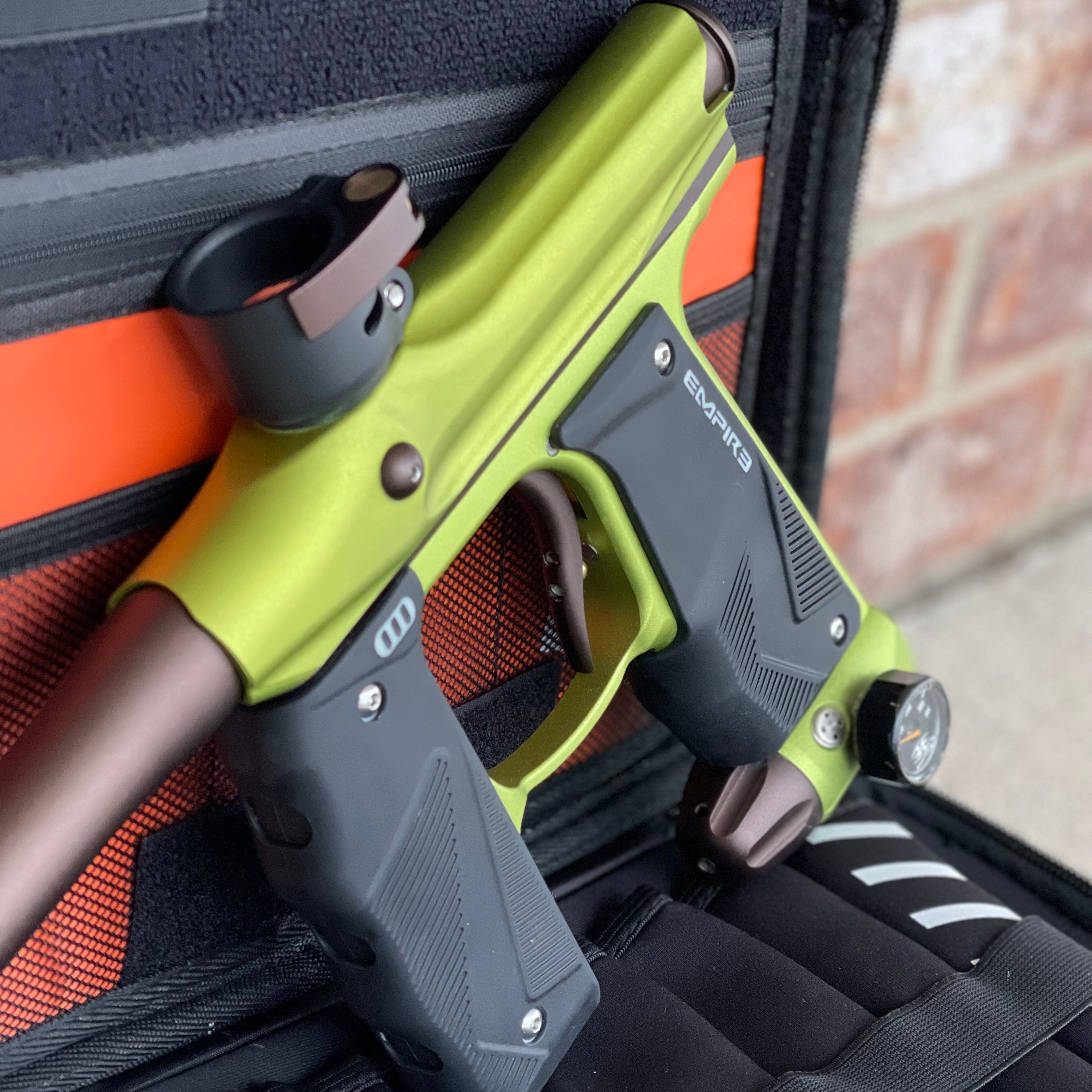 Used Empire Mini GS Paintball Gun - Green / Brown w/ 2-Piece Barrel and HK Exo Case