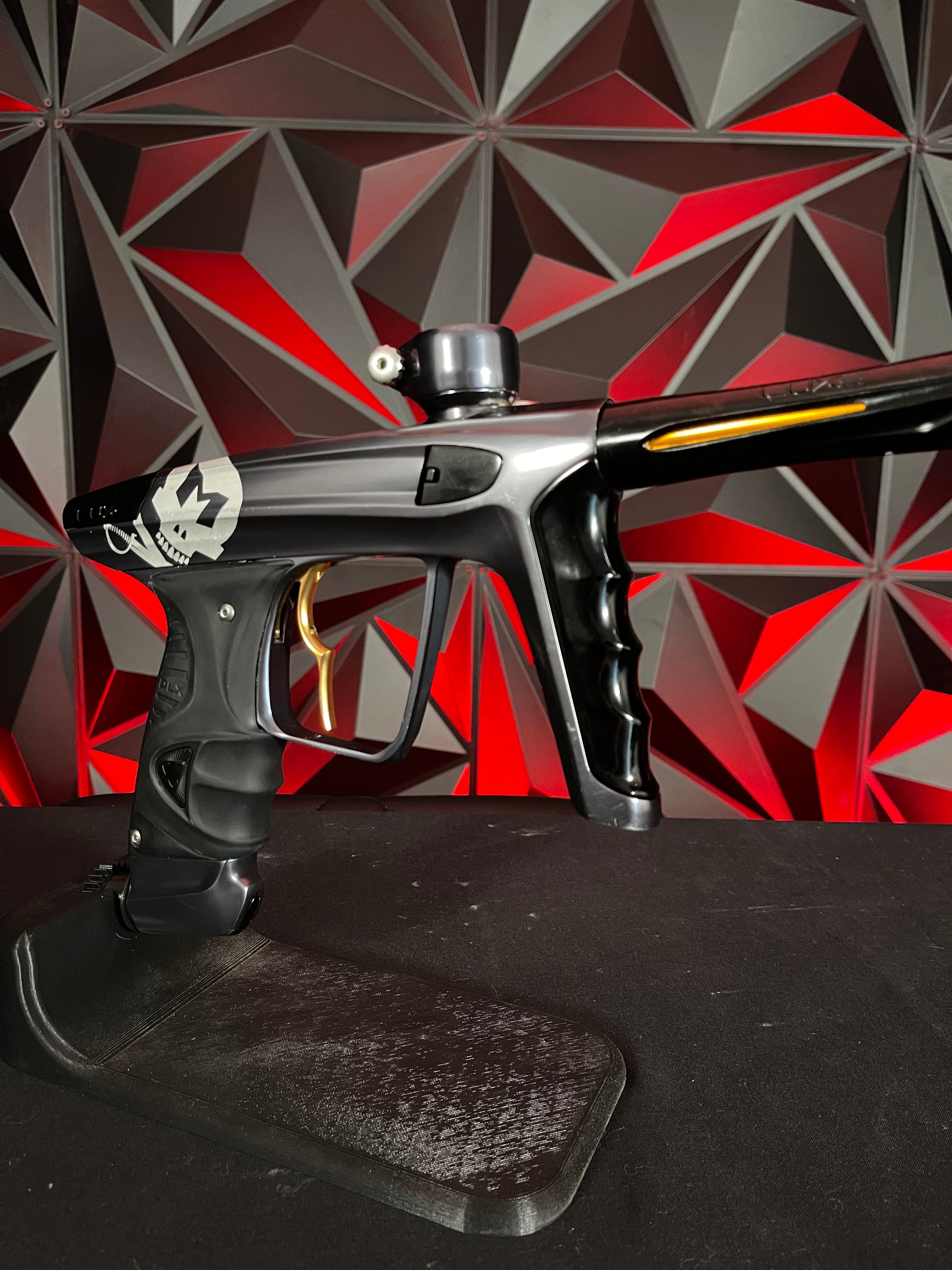 Used DLX Luxe X Paintball Gun - Polished Pewter w/ Infamous Gold Deuce Trigger