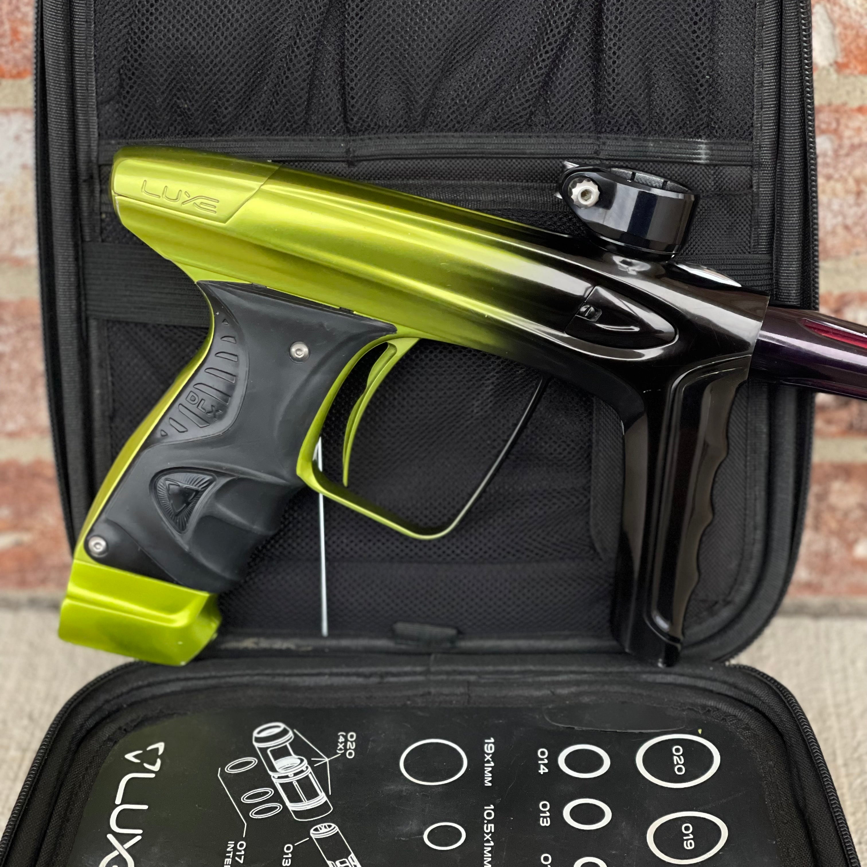 Used DLX Luxe Ice Paintball Gun - Limited Edition *1 of 10* Black/Slime Green w/ Black and Tan Back Grip