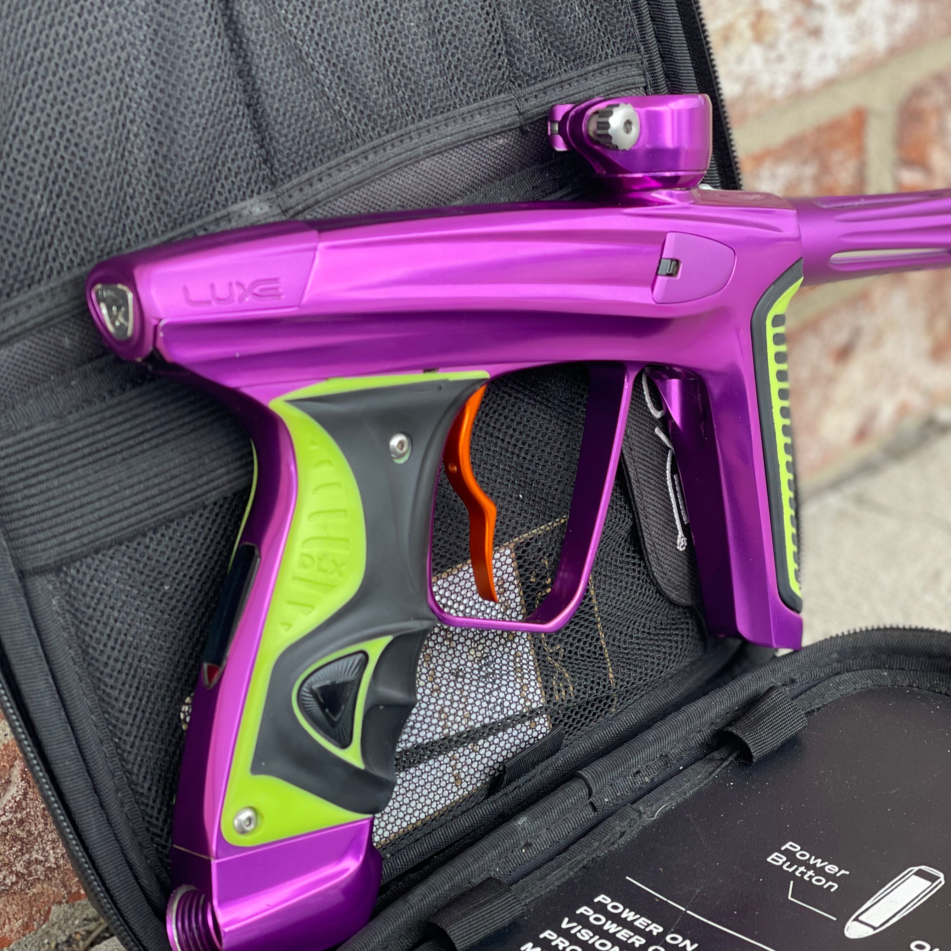Used DLX Luxe X Paintball Gun - Gloss Purple / Dust Purple w/ Orange Deuce Trigger