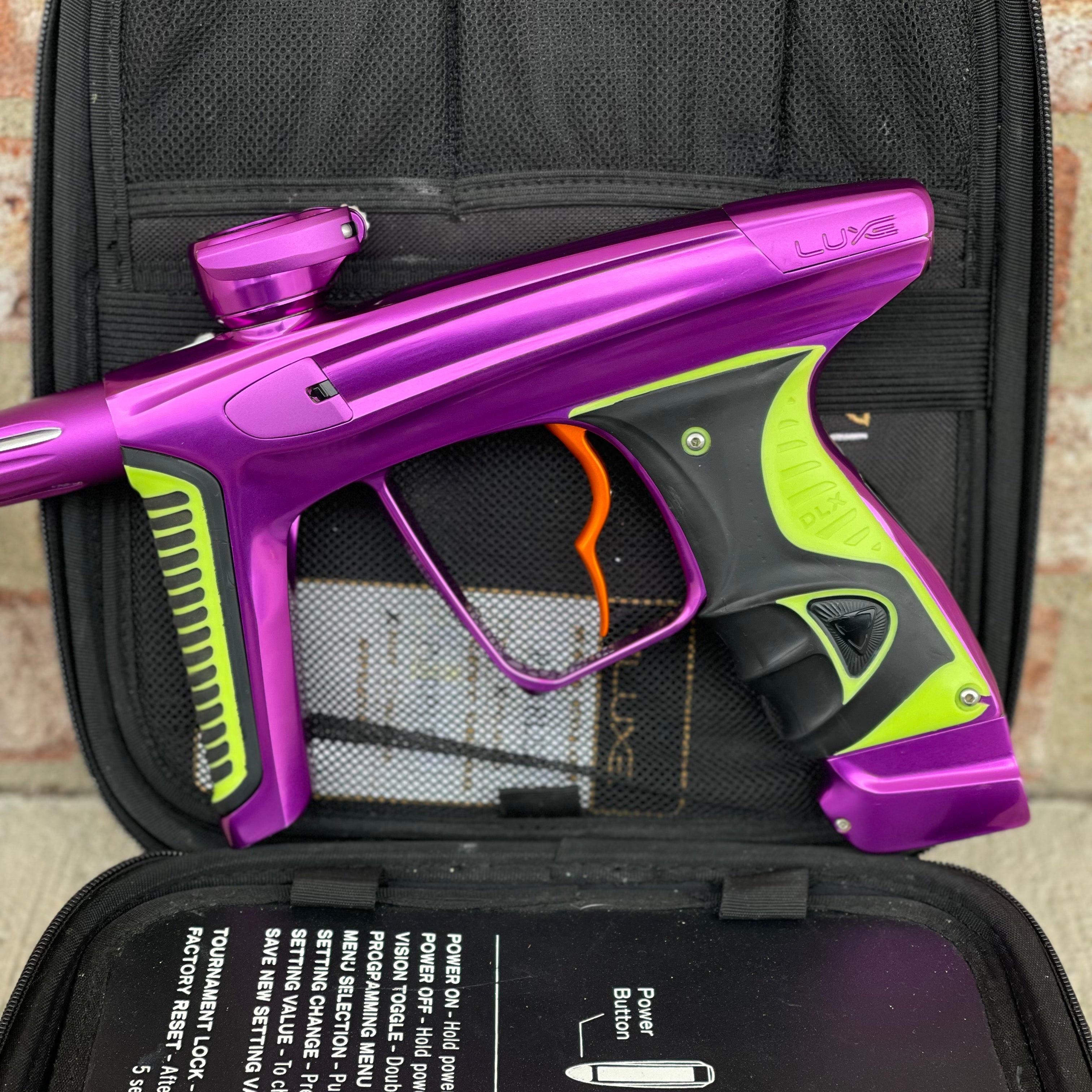 Used DLX Luxe X Paintball Gun - Gloss Purple / Dust Purple w/ Orange Deuce Trigger