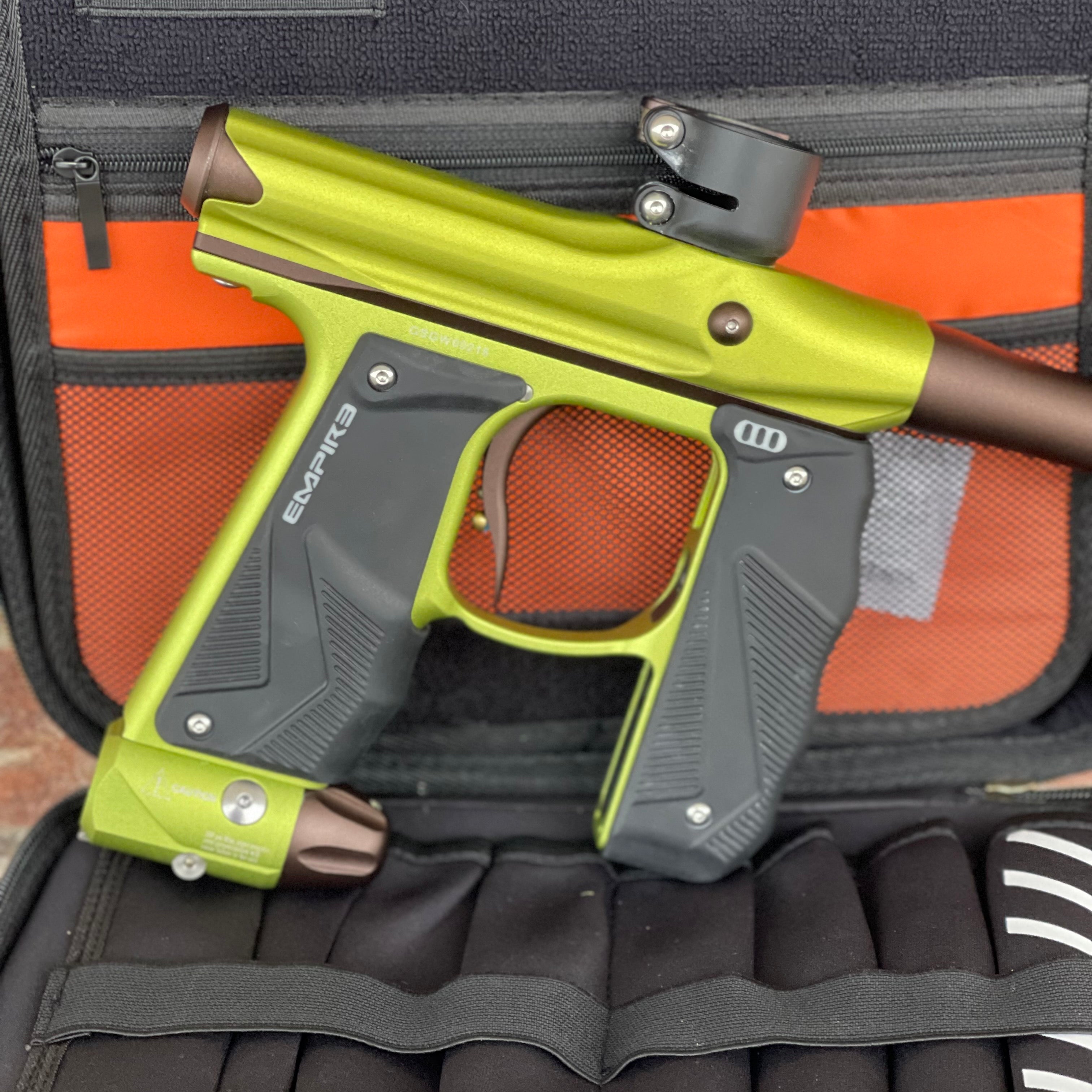 Used Empire Mini GS Paintball Gun - Green / Brown w/ 2-Piece Barrel and HK Exo Case