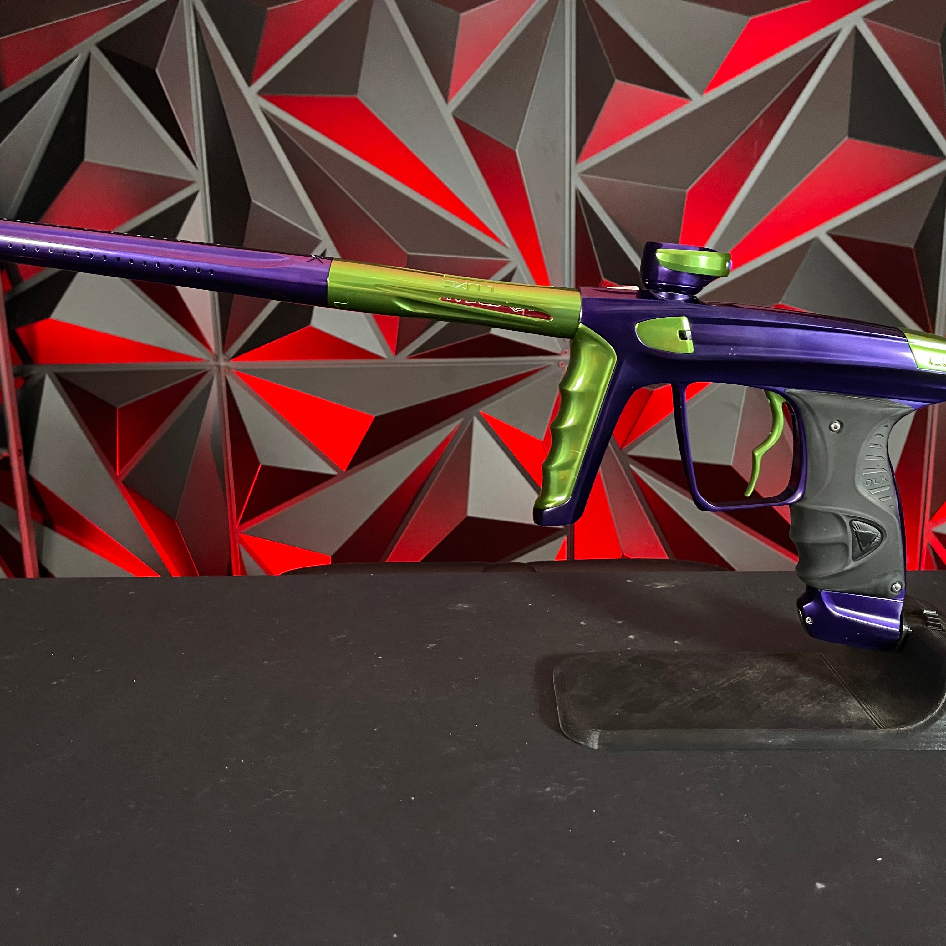 Used DLX Luxe X Paintball Gun - Gloss Purple / Gloss Lime w/ Deuce Trigger
