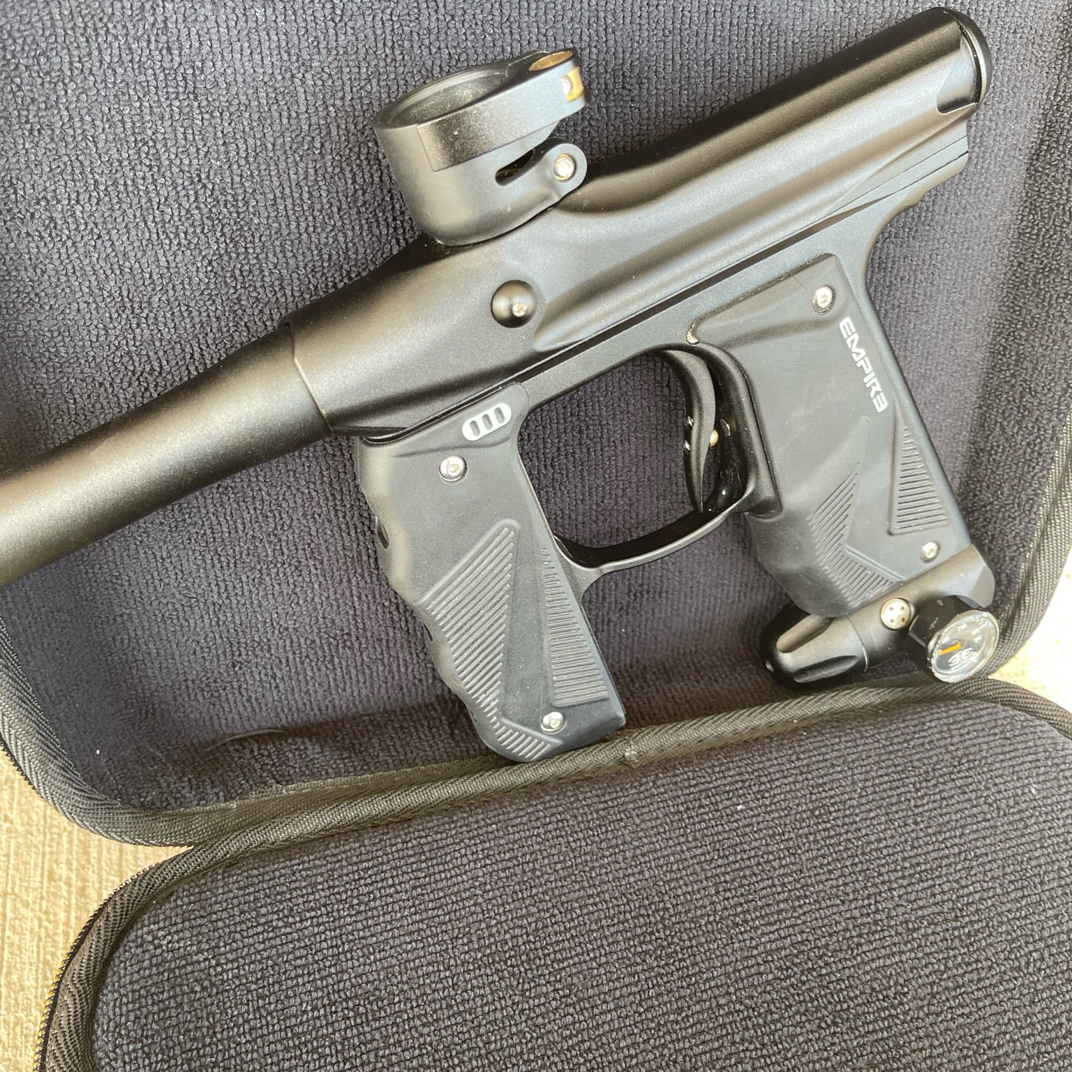 Used Empire Mini GS Paintball Gun - Black w/ 2 Piece Barrel & HK Army Exo 2.0 Marker Case