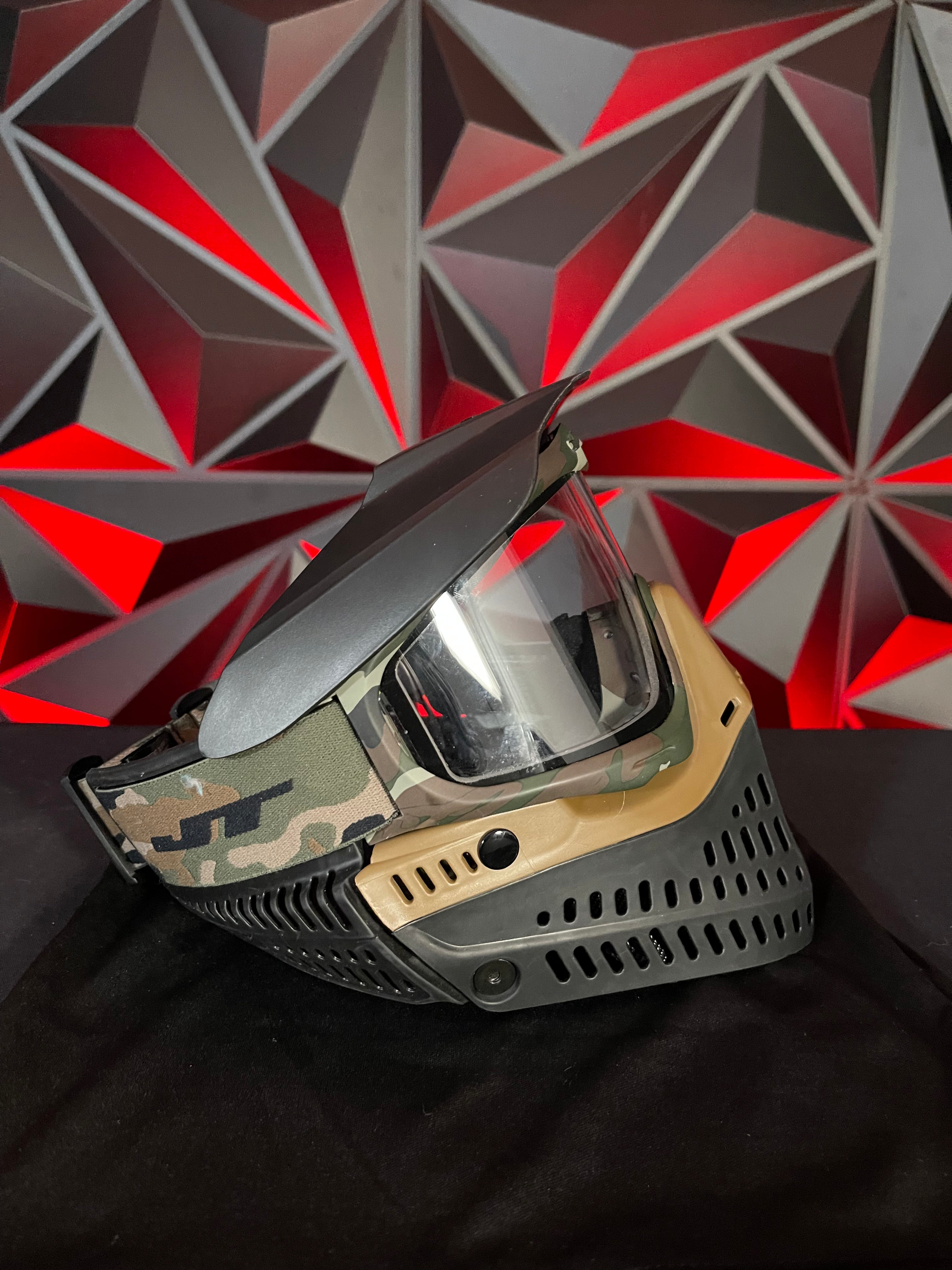 Used JT Proflex Paintball Mask - Black/Tan Camo Skirt/Army Camo Frame w/Visor & Soft Goggle Bag