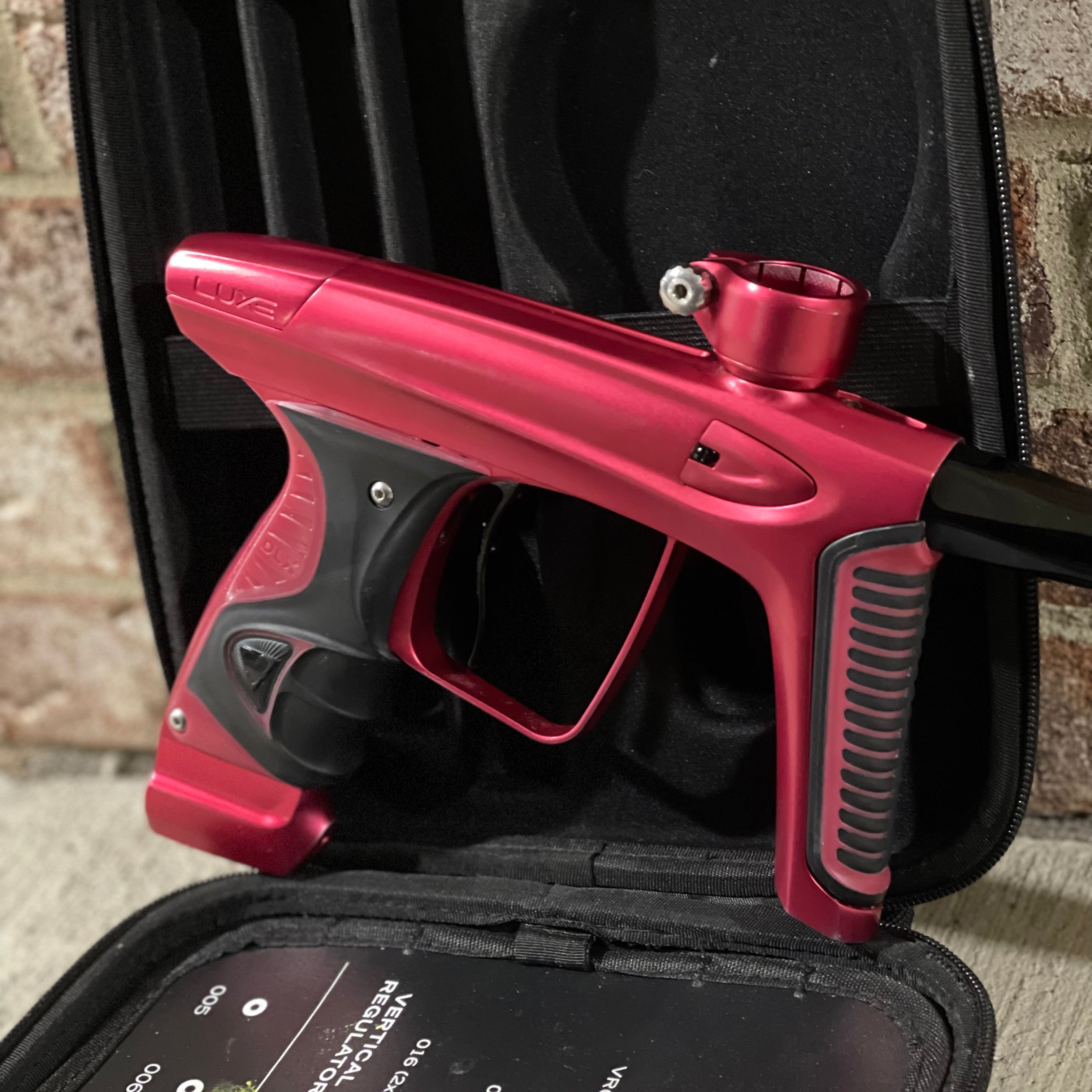 Used DLX Luxe Ice Paintball Gun - Dust Red / Dust Red w/ Inception Barrel, Encore Bolt/Stock Bolt, Scythe Trigger and Stock Trigger, Large Spare Part Kits