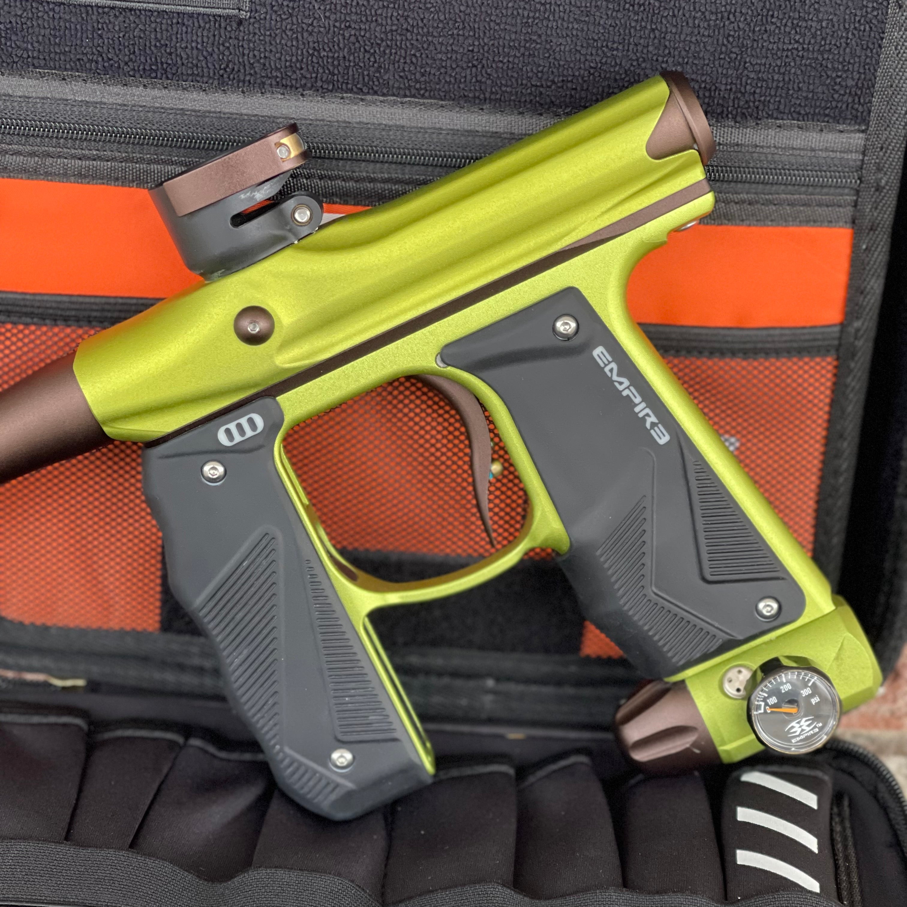 Used Empire Mini GS Paintball Gun - Green / Brown w/ 2-Piece Barrel and HK Exo Case