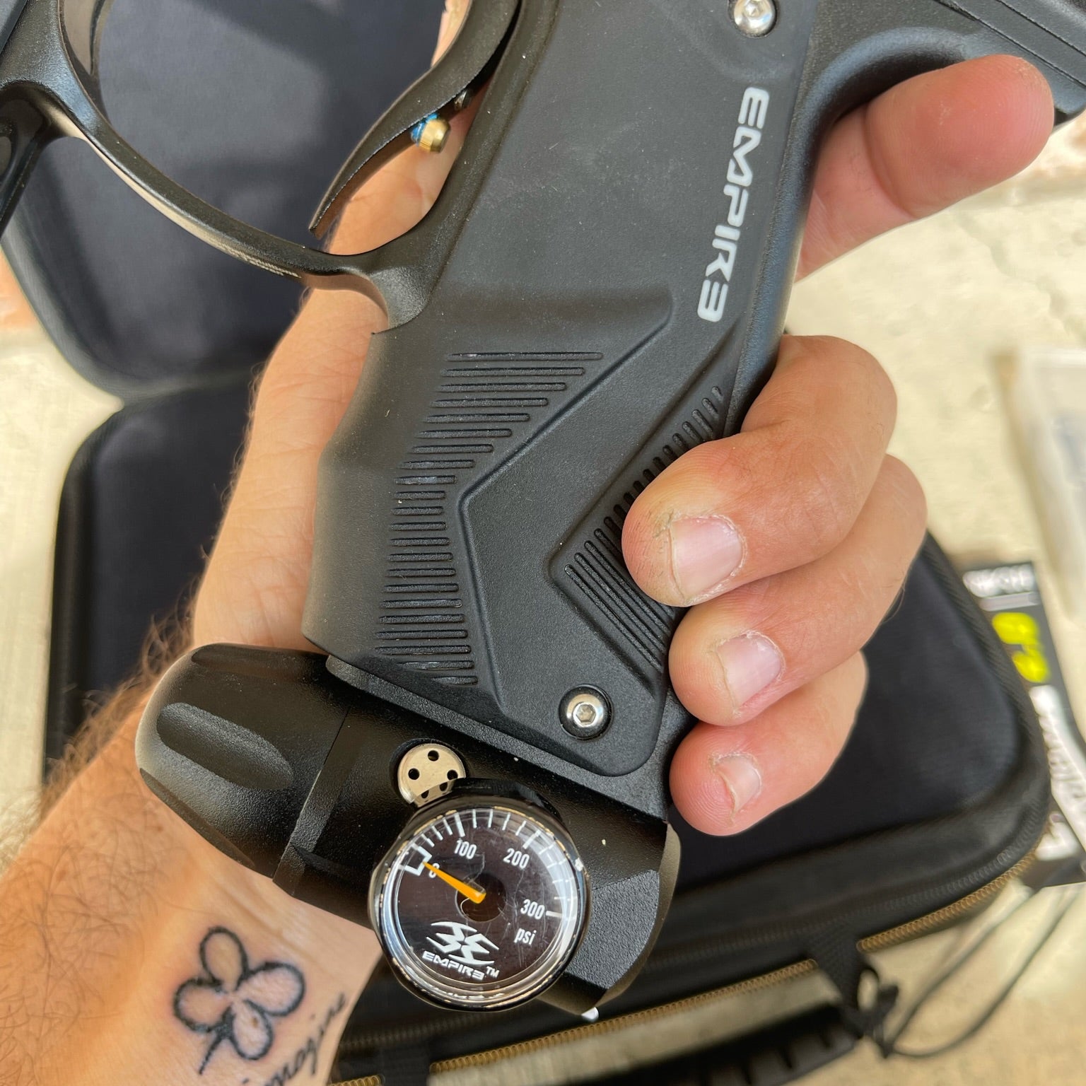 Used Empire Mini GS Paintball Gun - Black w/ 2 Piece Barrel & HK Army Exo 2.0 Marker Case