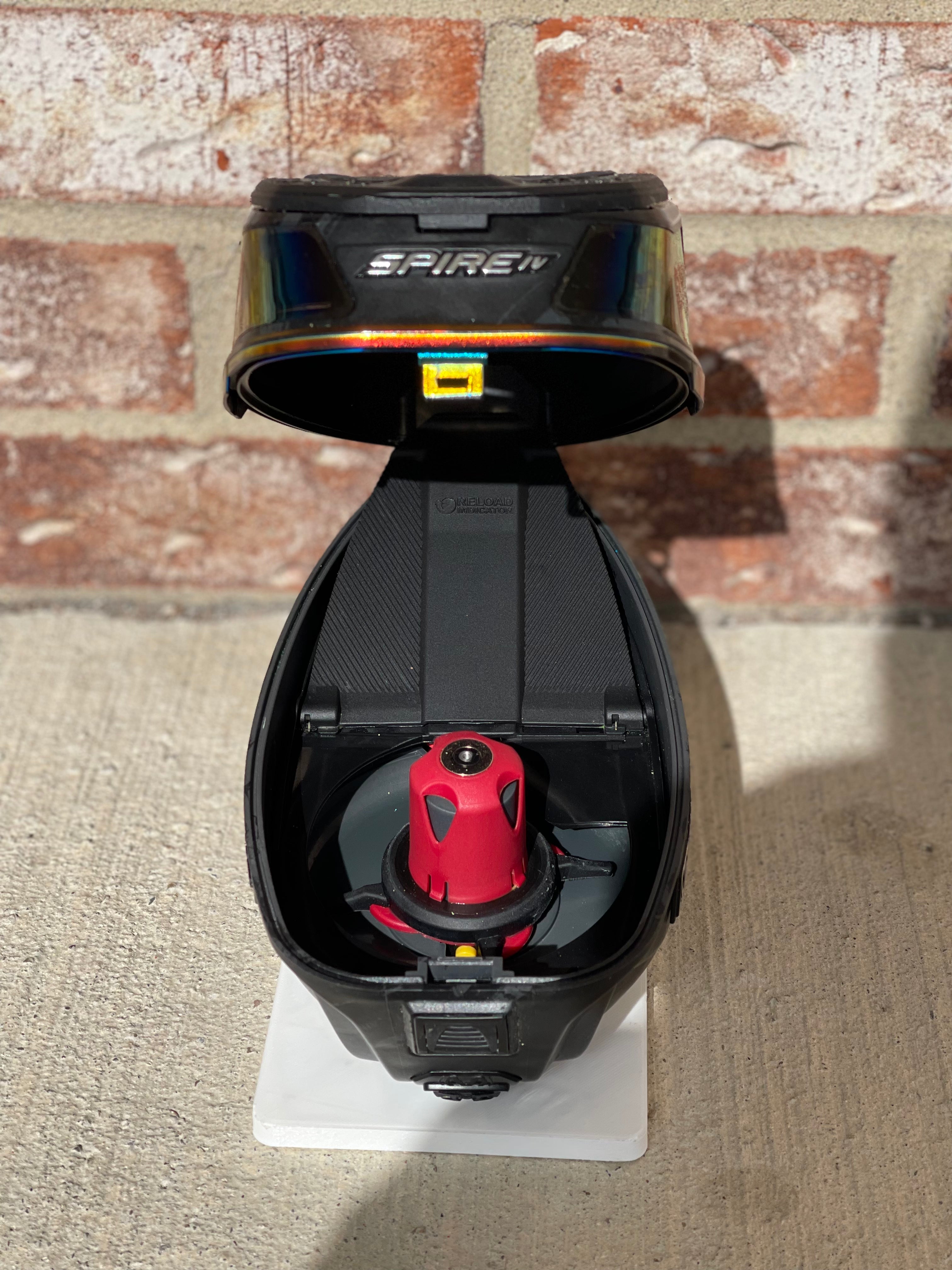 Used Virtue Spire 4 Paintball Loader - Fire w/NTR Speedfeed and Rain Lid