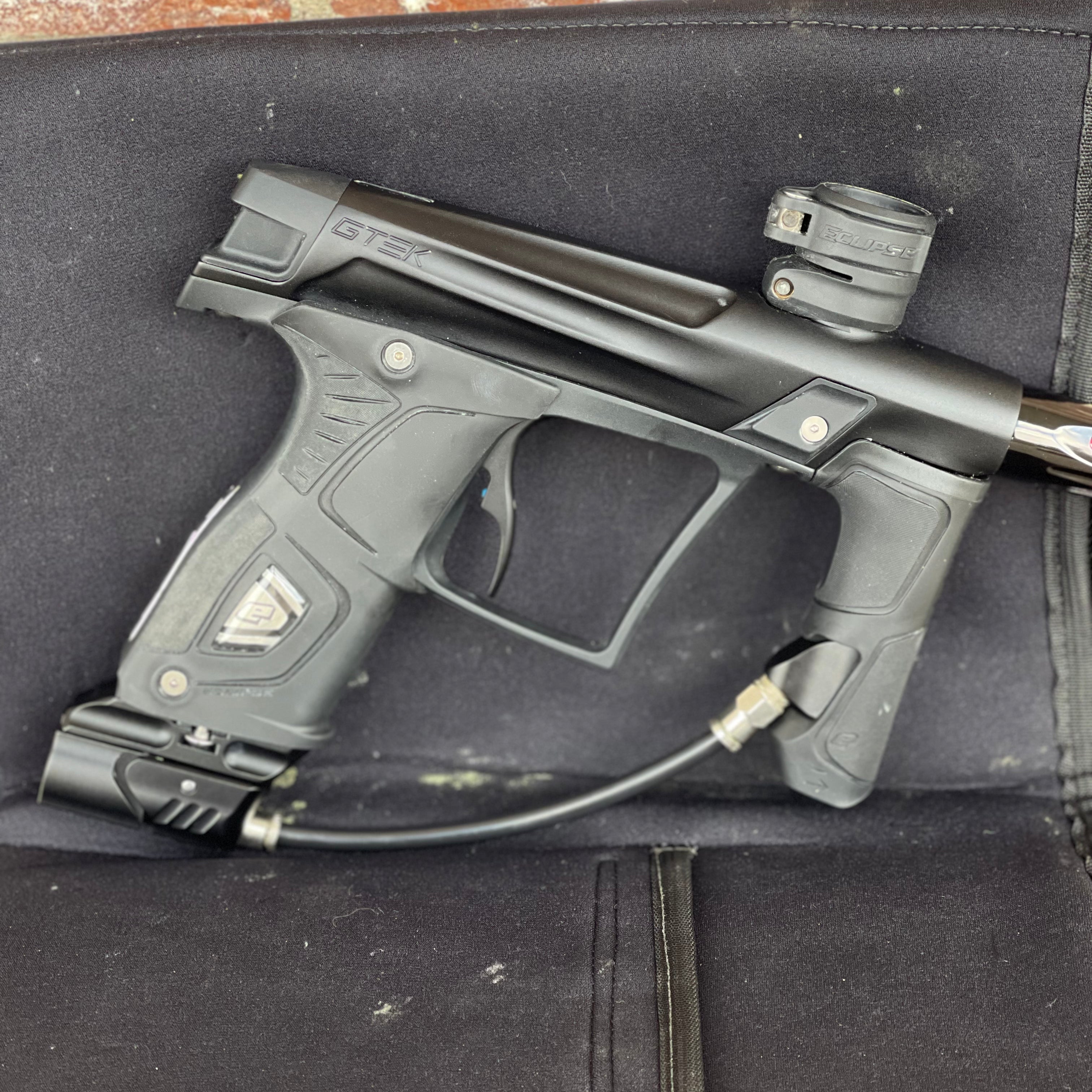 Used Planet Eclipse Gtek OLED Paintball Marker- Black with Gmek Frame, Deadlywinds 14" Carbon Fiber Tip, POPS ASA w/Dropdown Rail