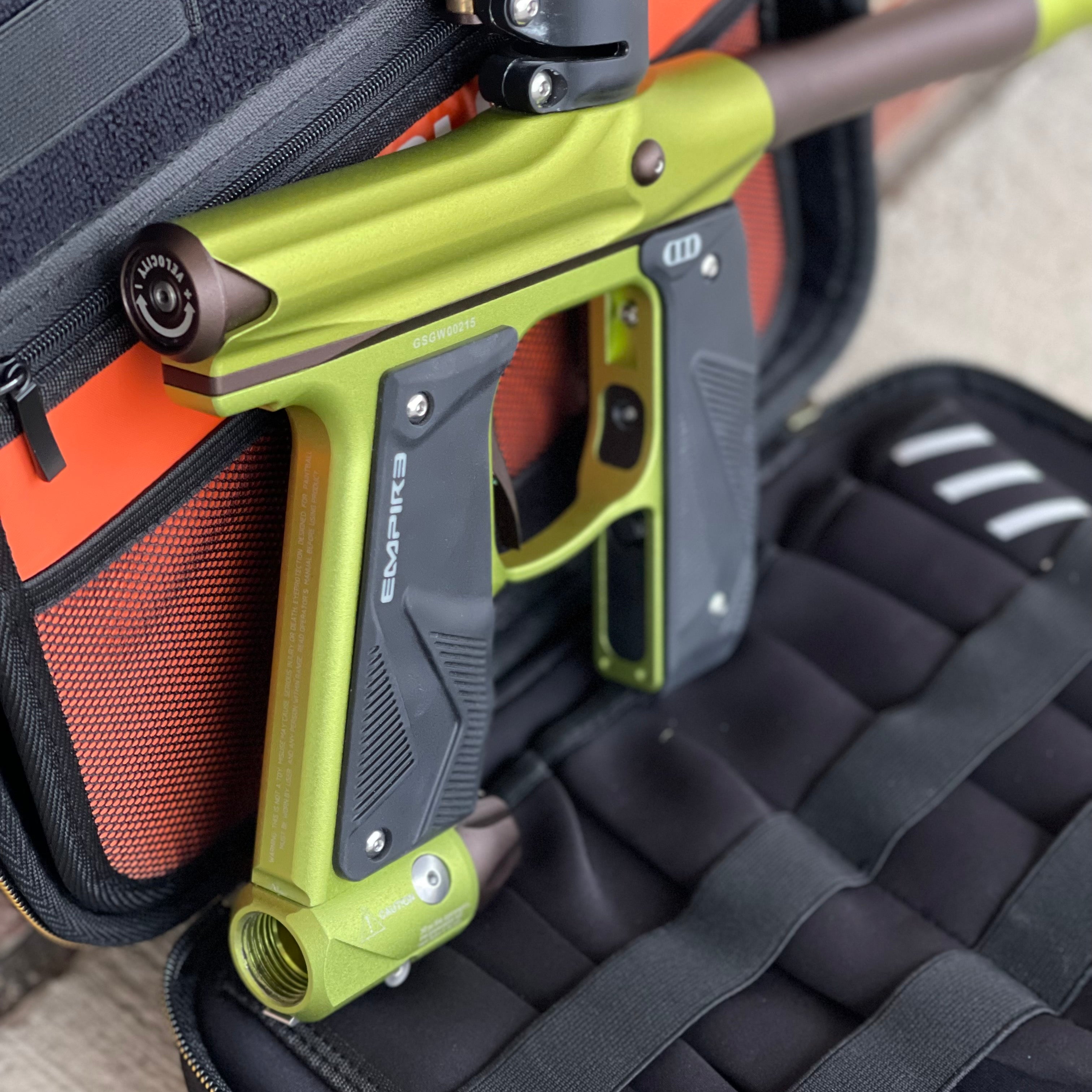 Used Empire Mini GS Paintball Gun - Green / Brown w/ 2-Piece Barrel and HK Exo Case