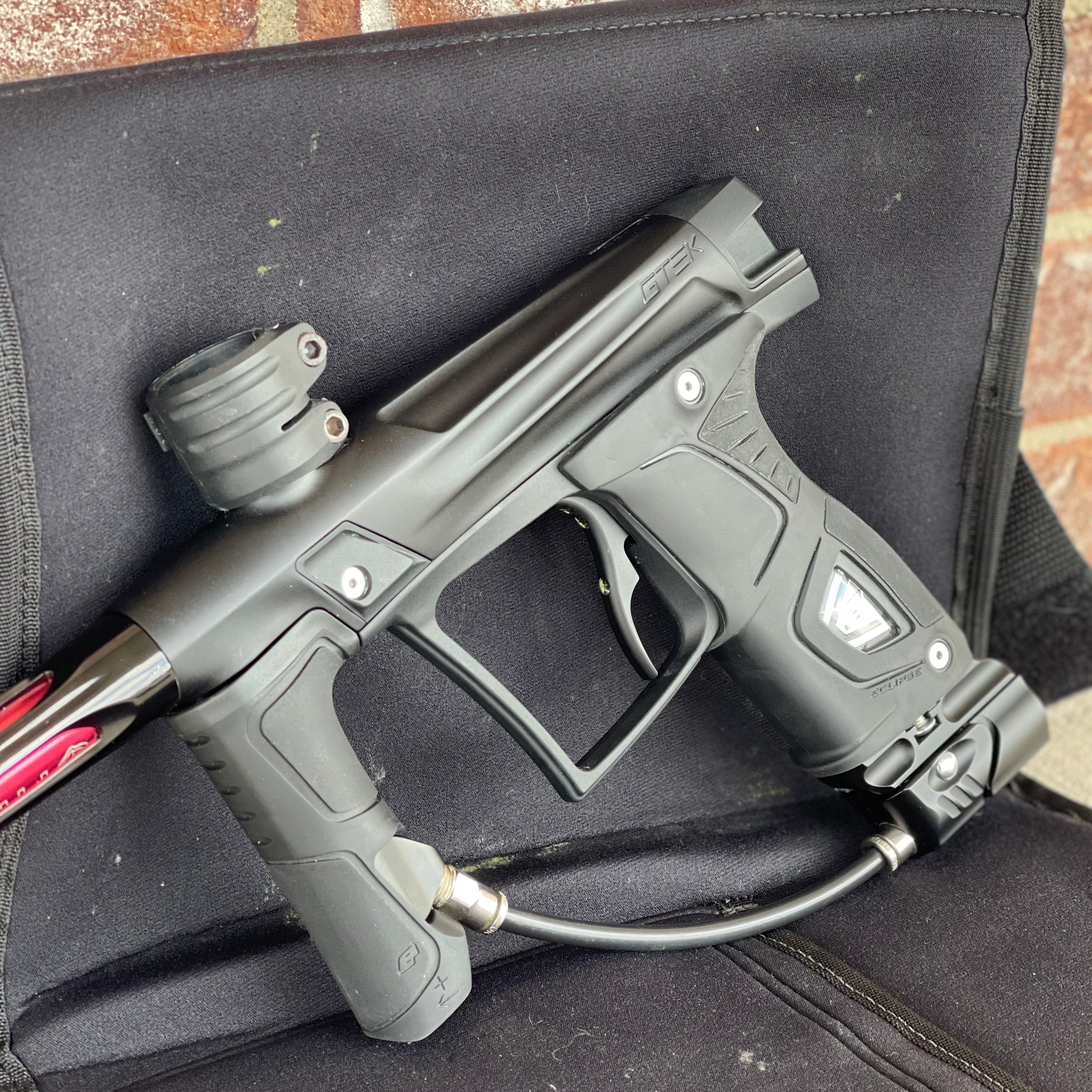 Used Planet Eclipse Gtek OLED Paintball Marker- Black with Gmek Frame, Deadlywinds 14" Carbon Fiber Tip, POPS ASA w/Dropdown Rail