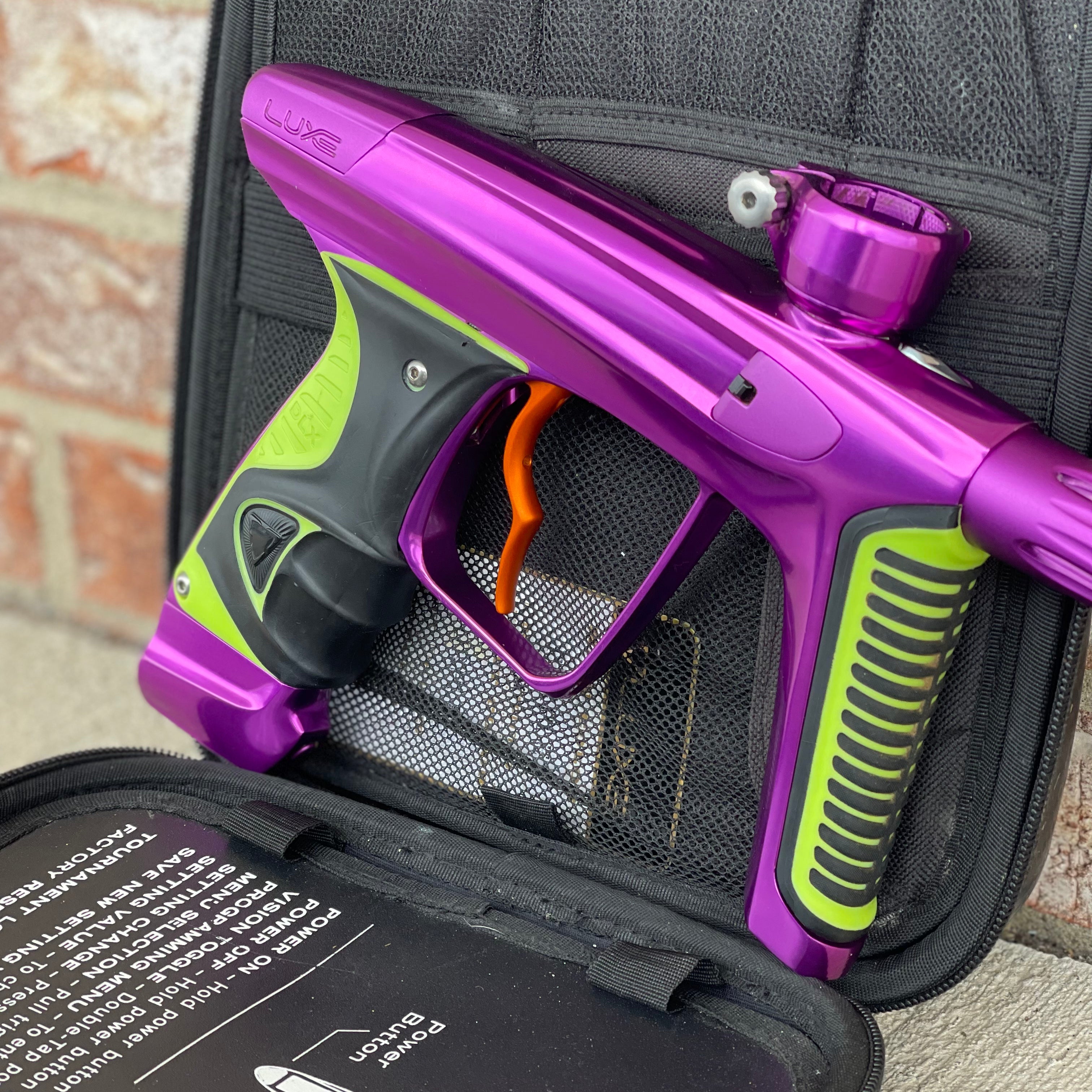 Used DLX Luxe X Paintball Gun - Gloss Purple / Dust Purple w/ Orange Deuce Trigger