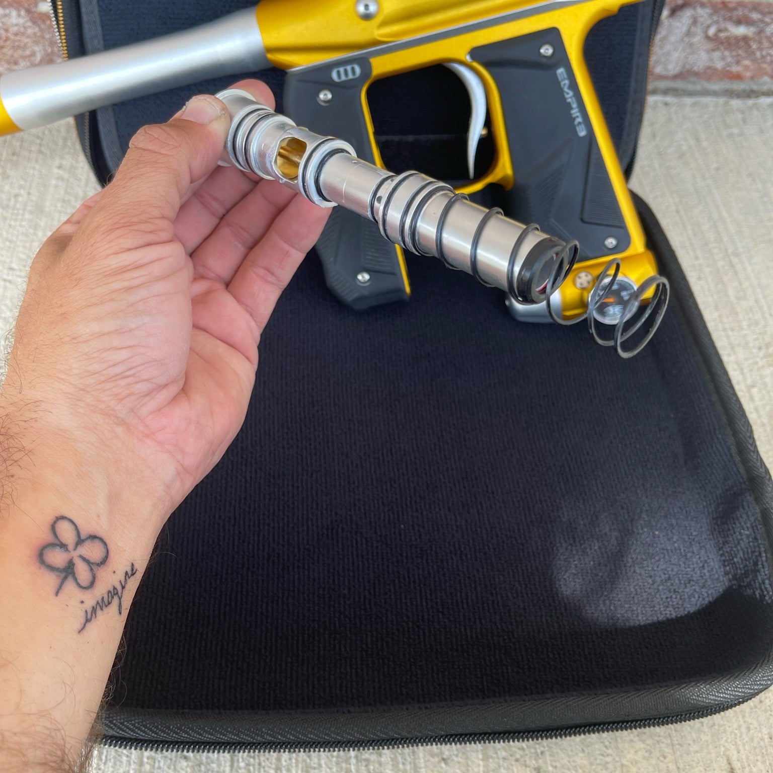 Used Empire Mini GS Paintball Gun w/ 2 Piece Barrel - Dust Gold / Silver w/ HK Army Exo 2.0 Marker Case