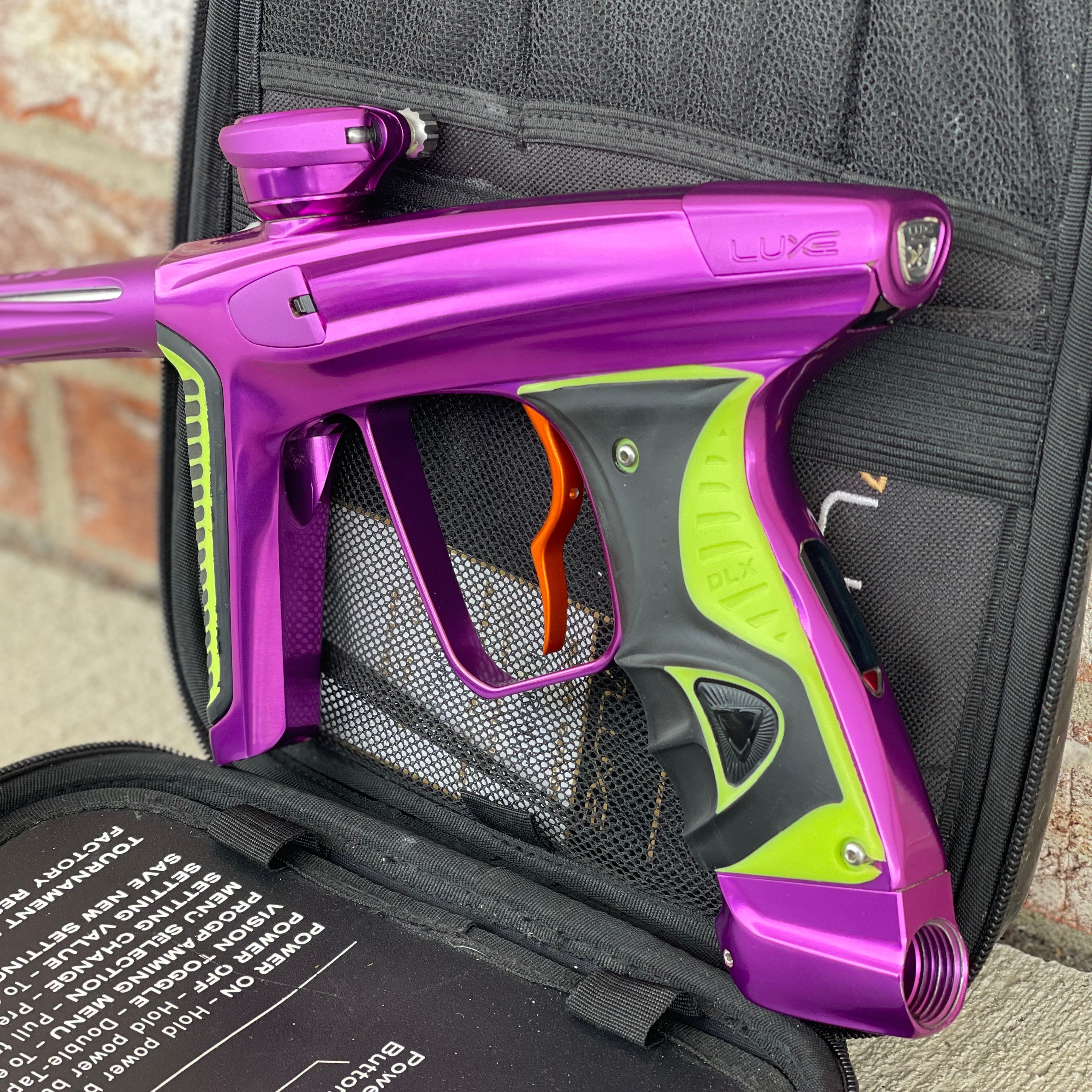 Used DLX Luxe X Paintball Gun - Gloss Purple / Dust Purple w/ Orange Deuce Trigger