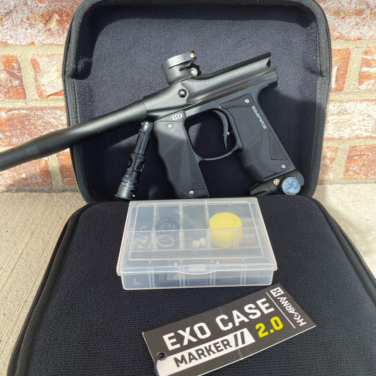 Used Empire Mini GS Paintball Gun - Black w/ 2 Piece Barrel & HK Army Exo 2.0 Marker Case