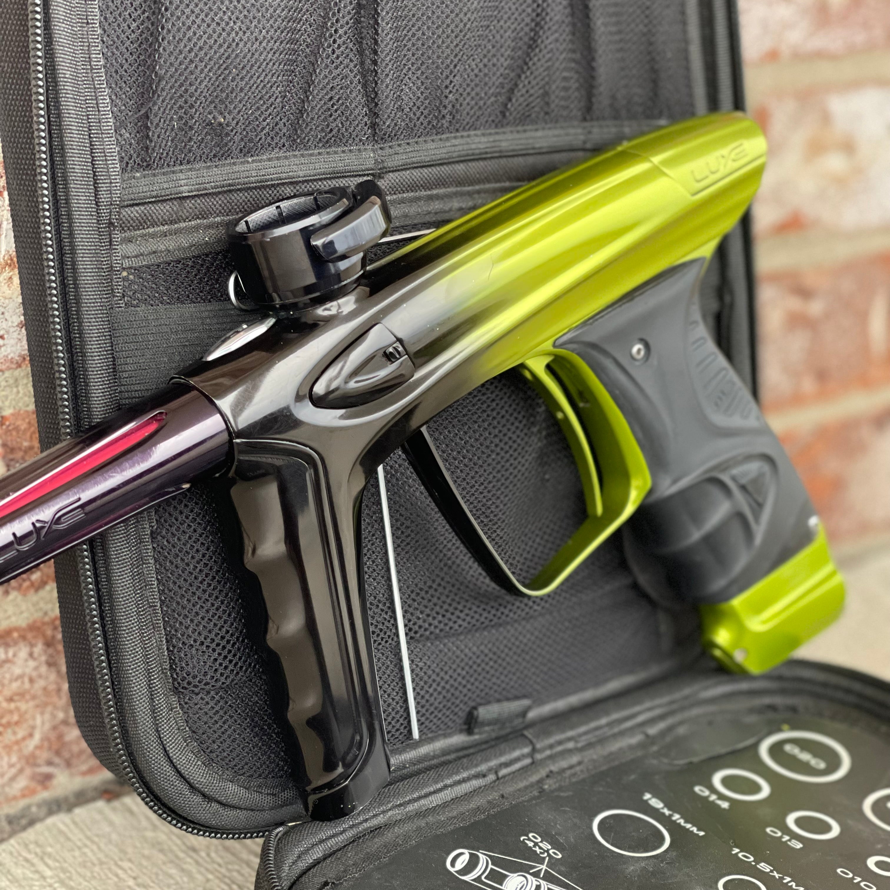 Used DLX Luxe Ice Paintball Gun - Limited Edition *1 of 10* Black/Slime Green w/ Black and Tan Back Grip