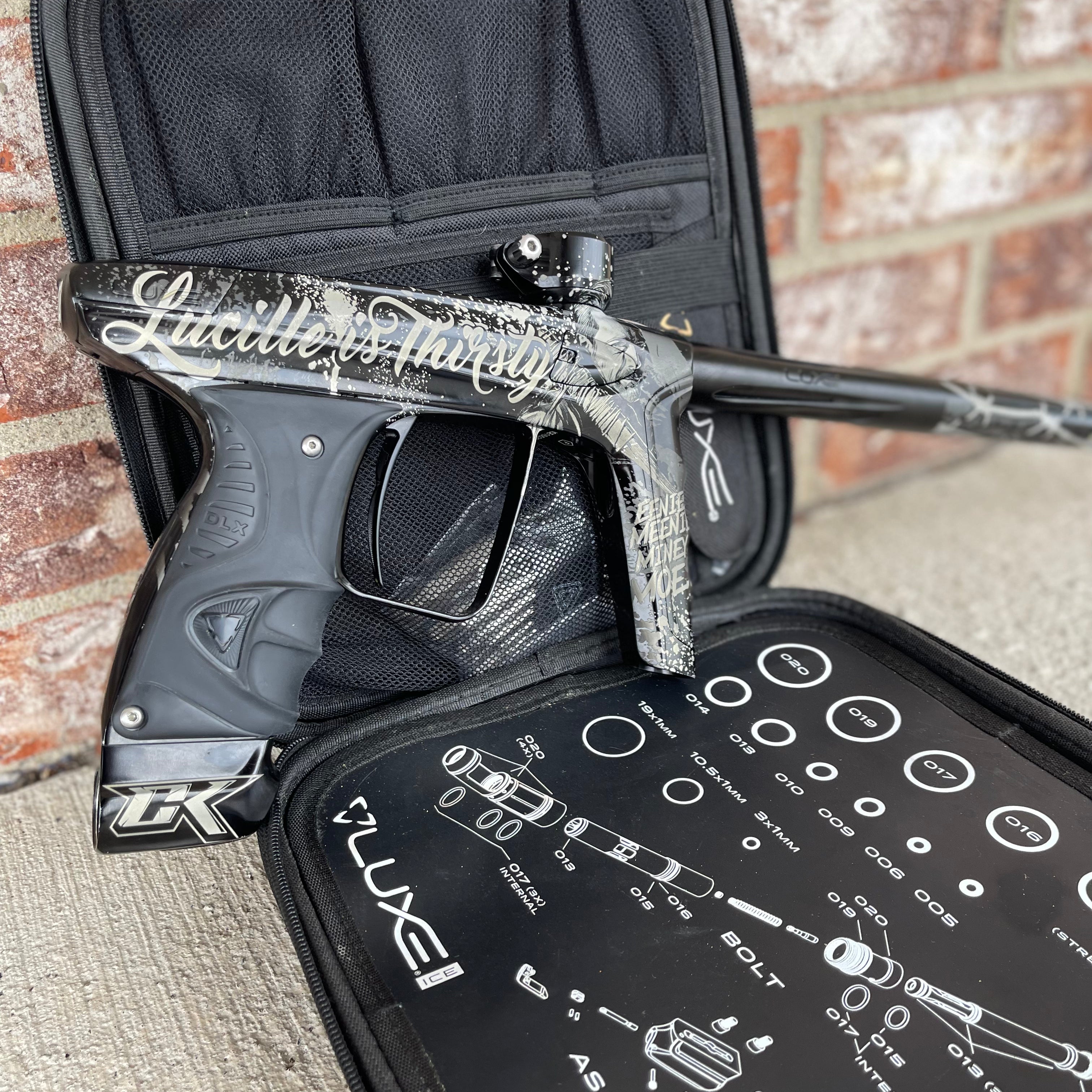 Used DLX Luxe Ice Paintball Gun - Gloss Black/Dust Black w/ CK "Lucille is Thirsty" Laser Engraving