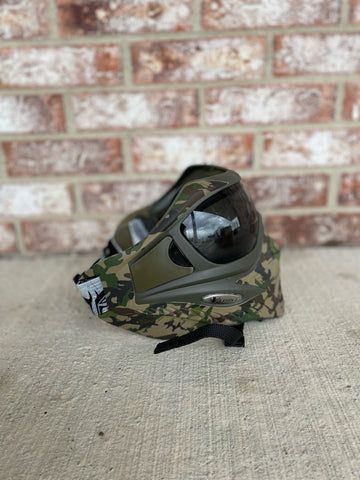 Used V-Force Grill SE Paintball Mask - Woodland Camo w/ 2 Lenses, Visor, and Soft Goggle Bag