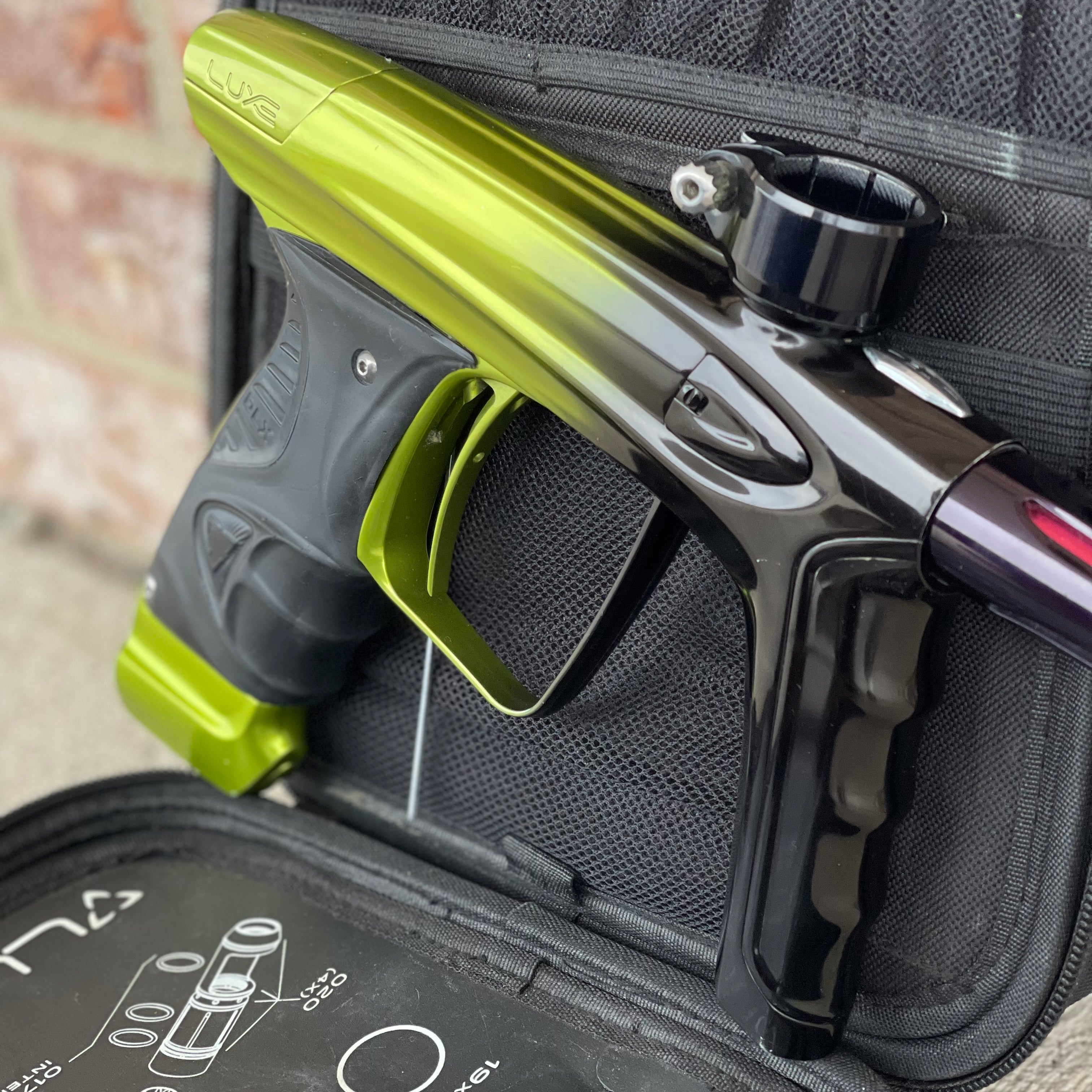 Used DLX Luxe Ice Paintball Gun - Limited Edition *1 of 10* Black/Slime Green w/ Black and Tan Back Grip