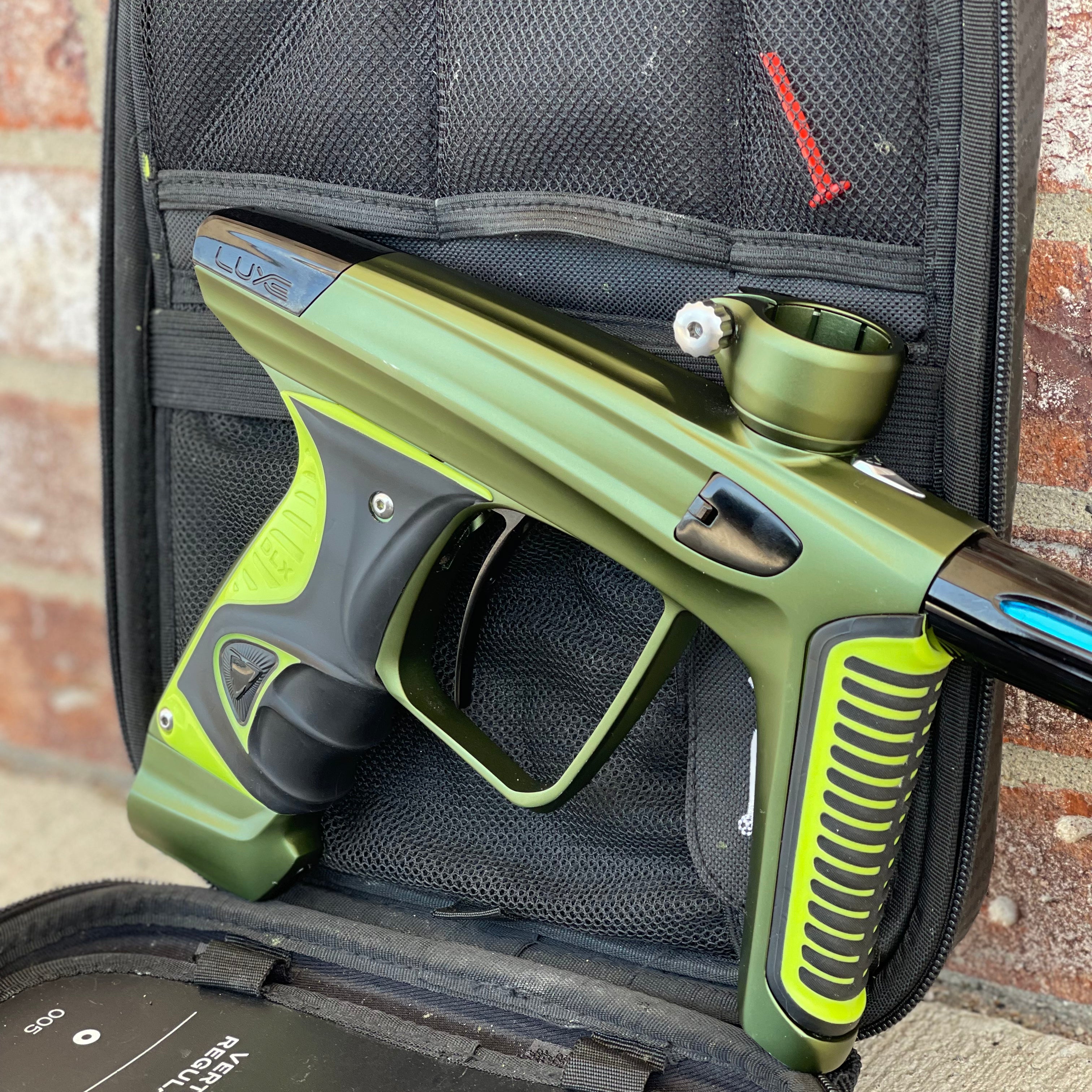 Used DLX Luxe X Paintball Gun - Dust Olive/Polished Black w/ Green Grip Kit