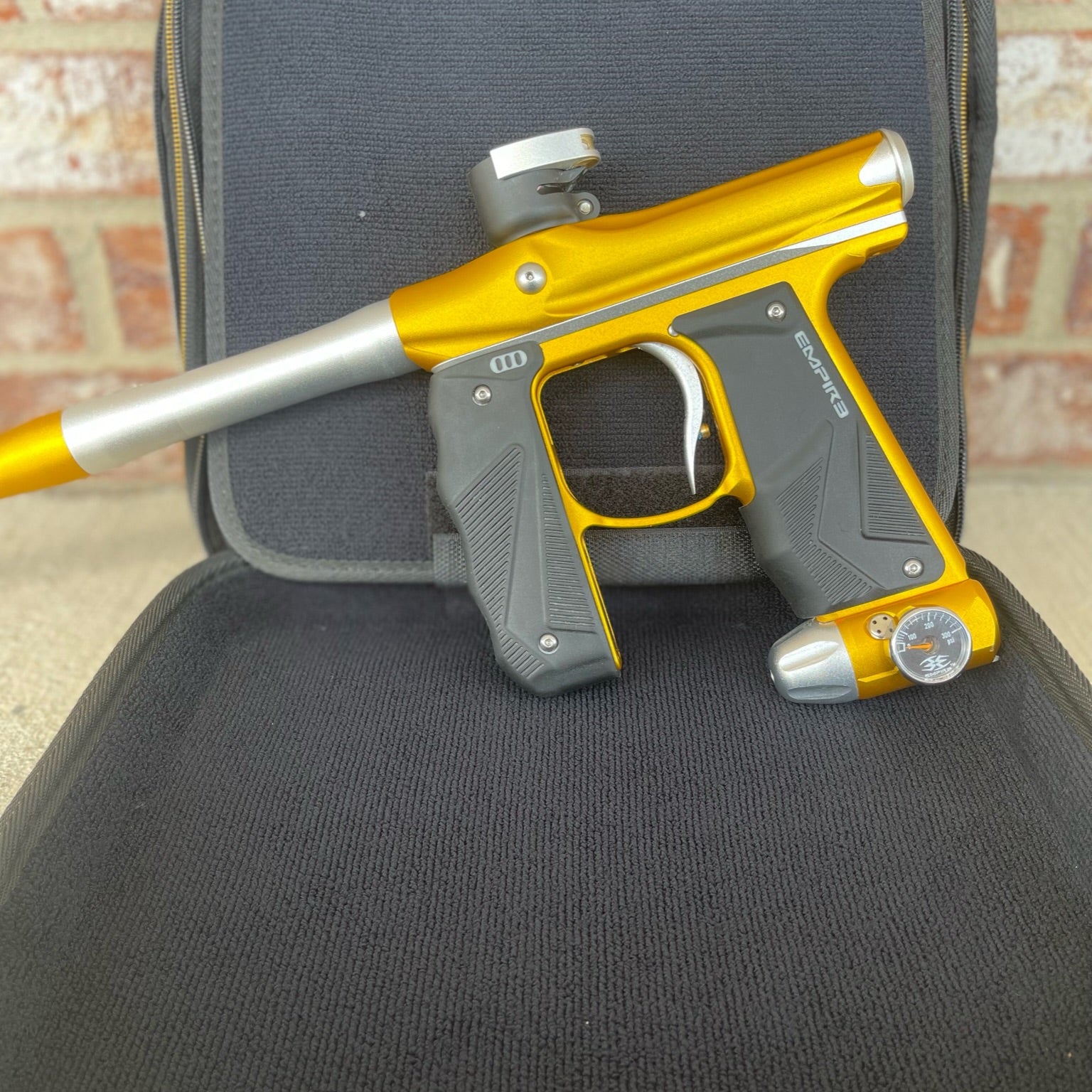 Used Empire Mini GS Paintball Gun w/ 2 Piece Barrel - Dust Gold / Silver w/ HK Army Exo 2.0 Marker Case