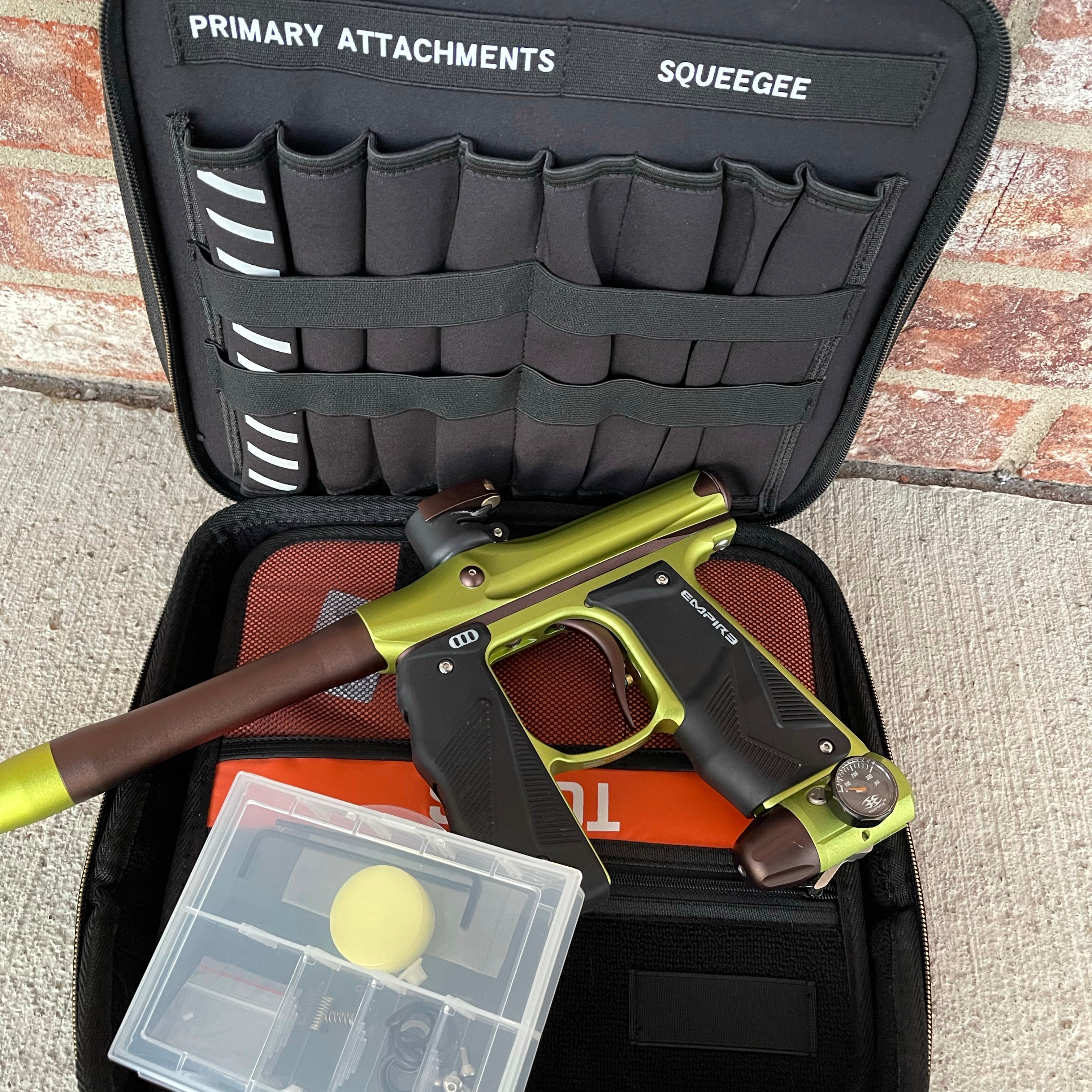 Used Empire Mini GS Paintball Gun - Green / Brown w/ 2-Piece Barrel and HK Exo Case