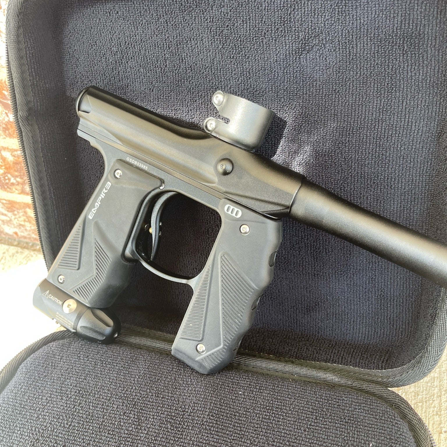 Used Empire Mini GS Paintball Gun - Black w/ 2 Piece Barrel & HK Army Exo 2.0 Marker Case