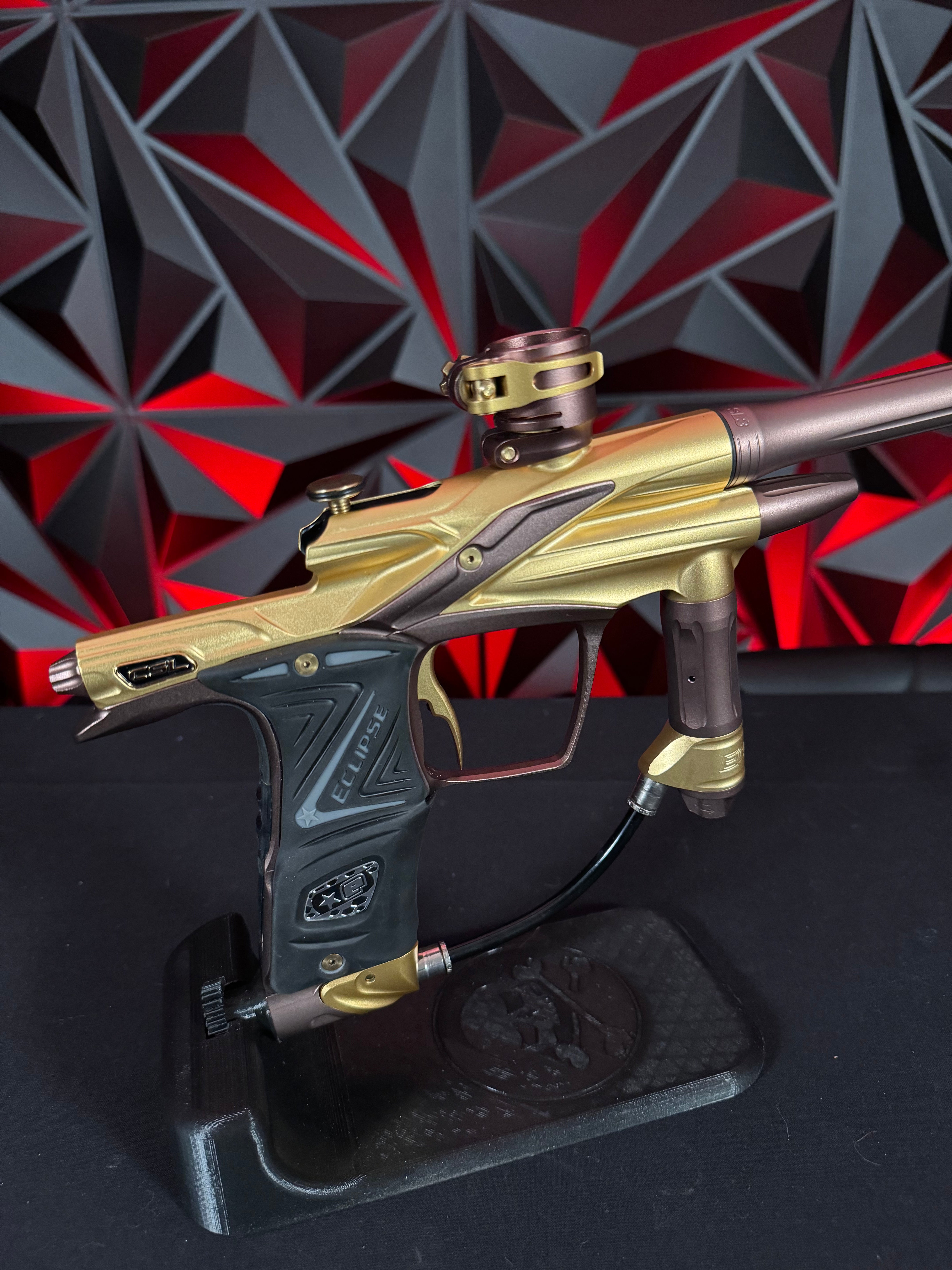 Used Planet Eclipse CSL Paintball Gun - Gold/Bronze w/14" & 16" Matching Carbon Fiber Tips, Blade and Scythe Trigger, & All 3 Barrel Backs