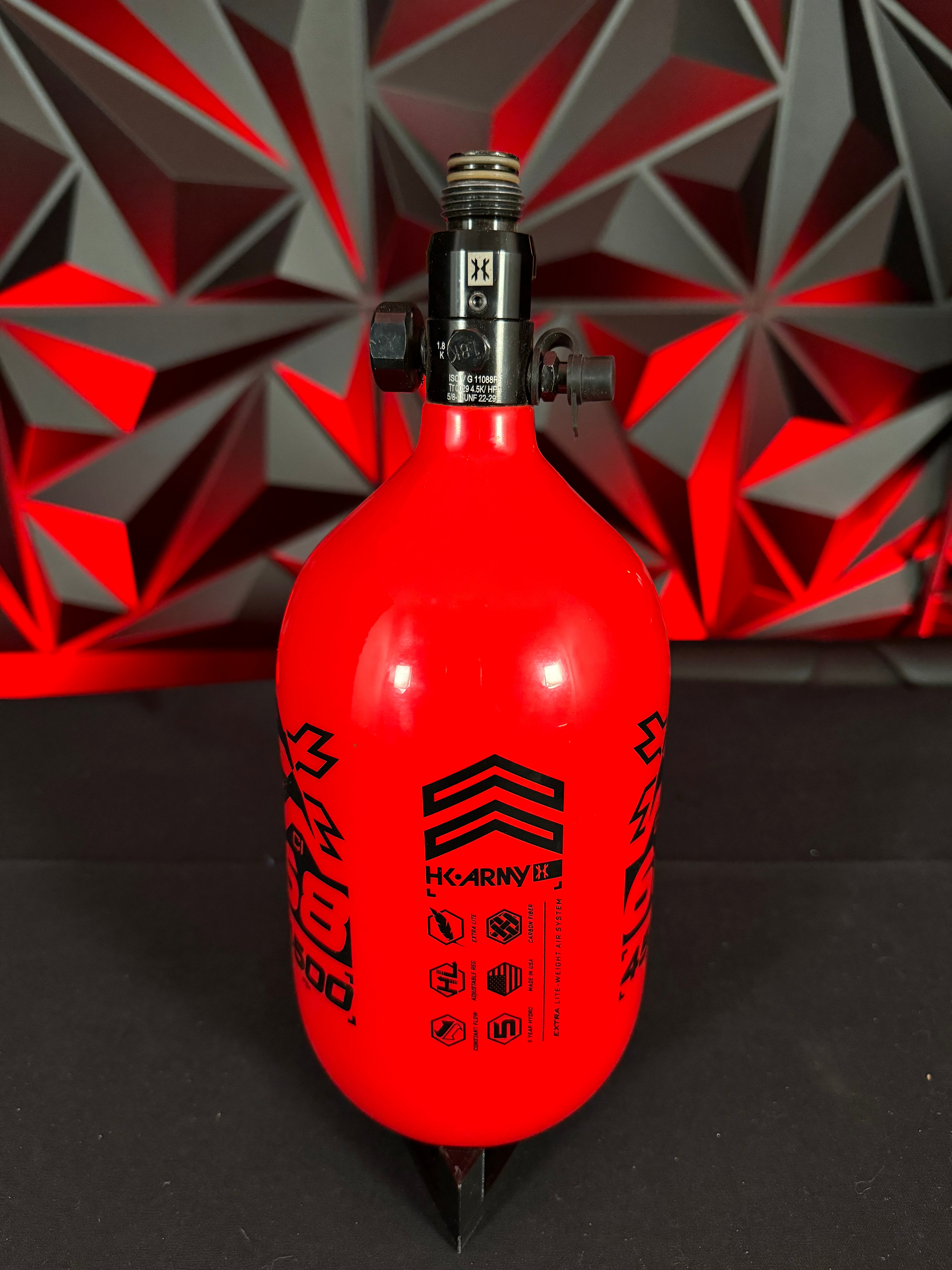 Used HK Army Extra Lite 68/4500 Paintball Tank Red w/Standard Reg