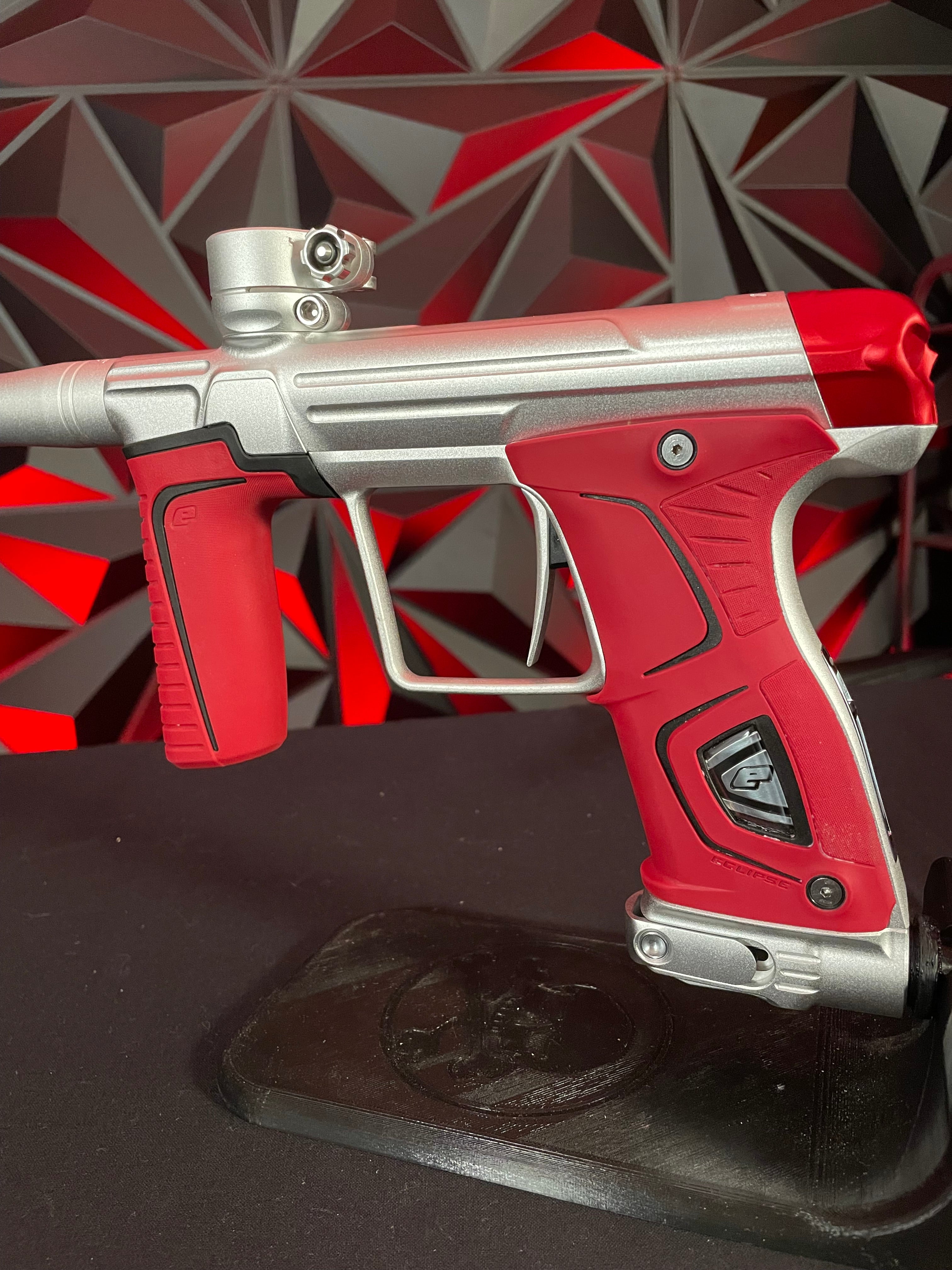 Used Planet Eclipse Gtek 170r Paintball Marker - Silver w/ Red Infamous Back Cap, Red Grip Kit, Red Barrel tip