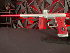 Used Planet Eclipse Gtek 170r Paintball Marker - Silver w/ Red Infamous Back Cap, Red Grip Kit, Red Barrel tip