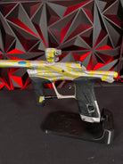 Used Planet Eclipse LV1.1 Paintball Gun - Custom Anno Silver/Yellow Tiger w/Deuce Trigger, TechT Bolt, White & Black Grip Kit