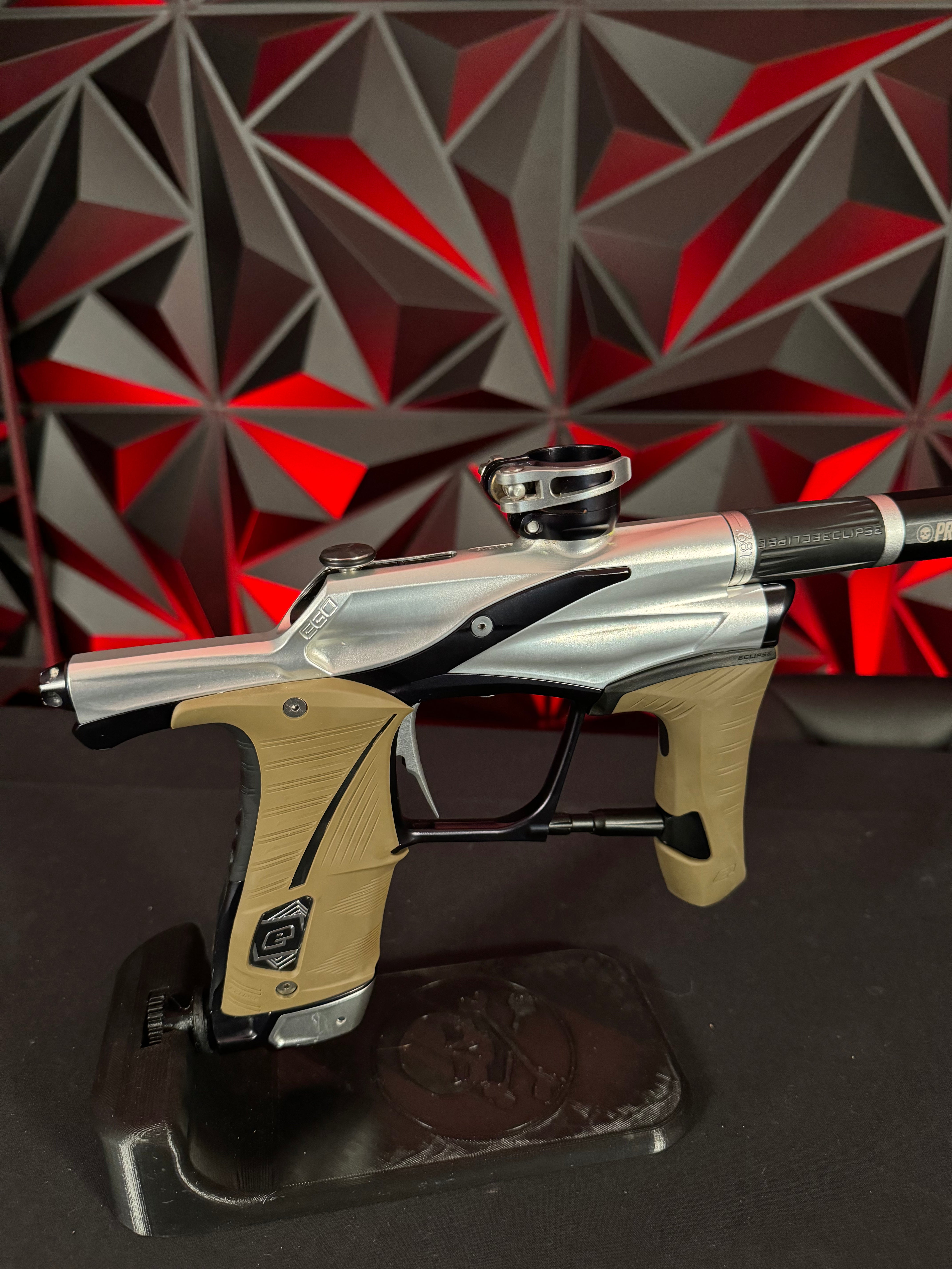 Used Planet Eclipse LV1.5 Paintball Gun - Silver/Black w/FDE Grips, Infamous Silencio Tip, FL Back, & Stock Barrel