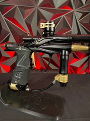 Used Planet Eclipse CSL Paintball Gun - Black/Gold w/14" & 16" Matching Carbon Fiber Tips, Blade and Scythe Trigger, & All 3 Barrel Backs