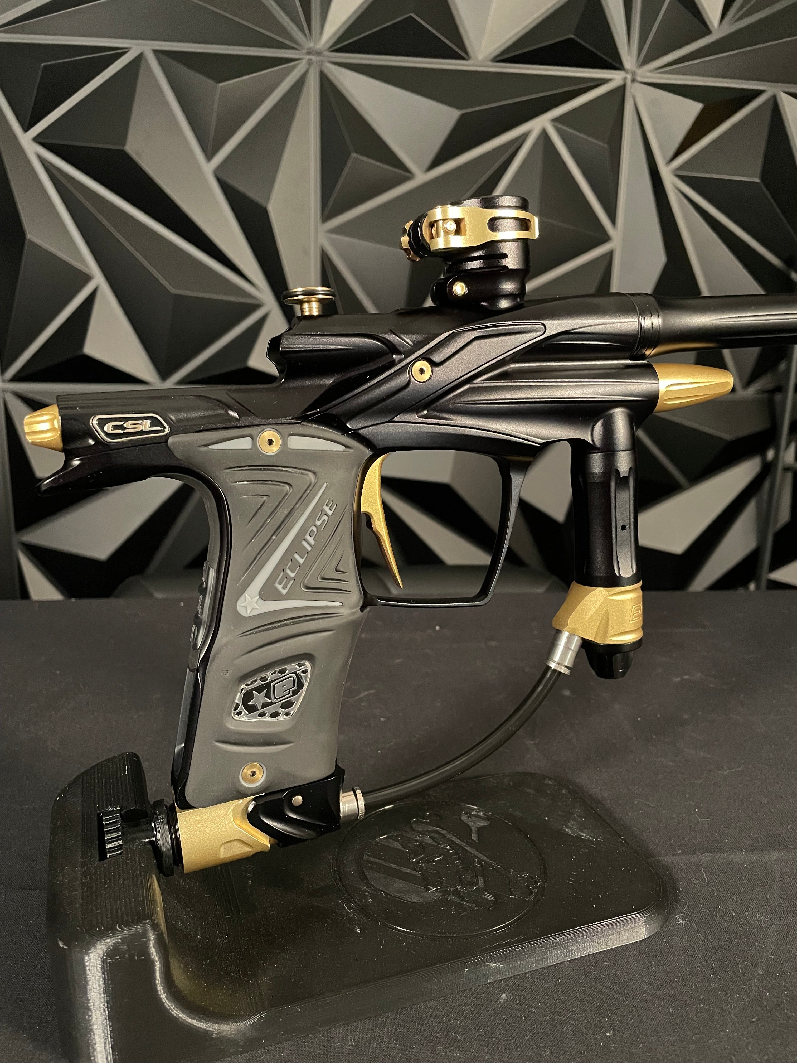 Used Planet Eclipse CSL Paintball Gun - Black/Gold w/14" & 16" Matching Carbon Fiber Tips, Blade and Scythe Trigger, & All 3 Barrel Backs