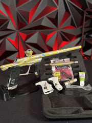 Used Planet Eclipse LV1.1 Paintball Gun - Custom Anno Silver/Yellow Tiger w/Deuce Trigger, TechT Bolt, White & Black Grip Kit