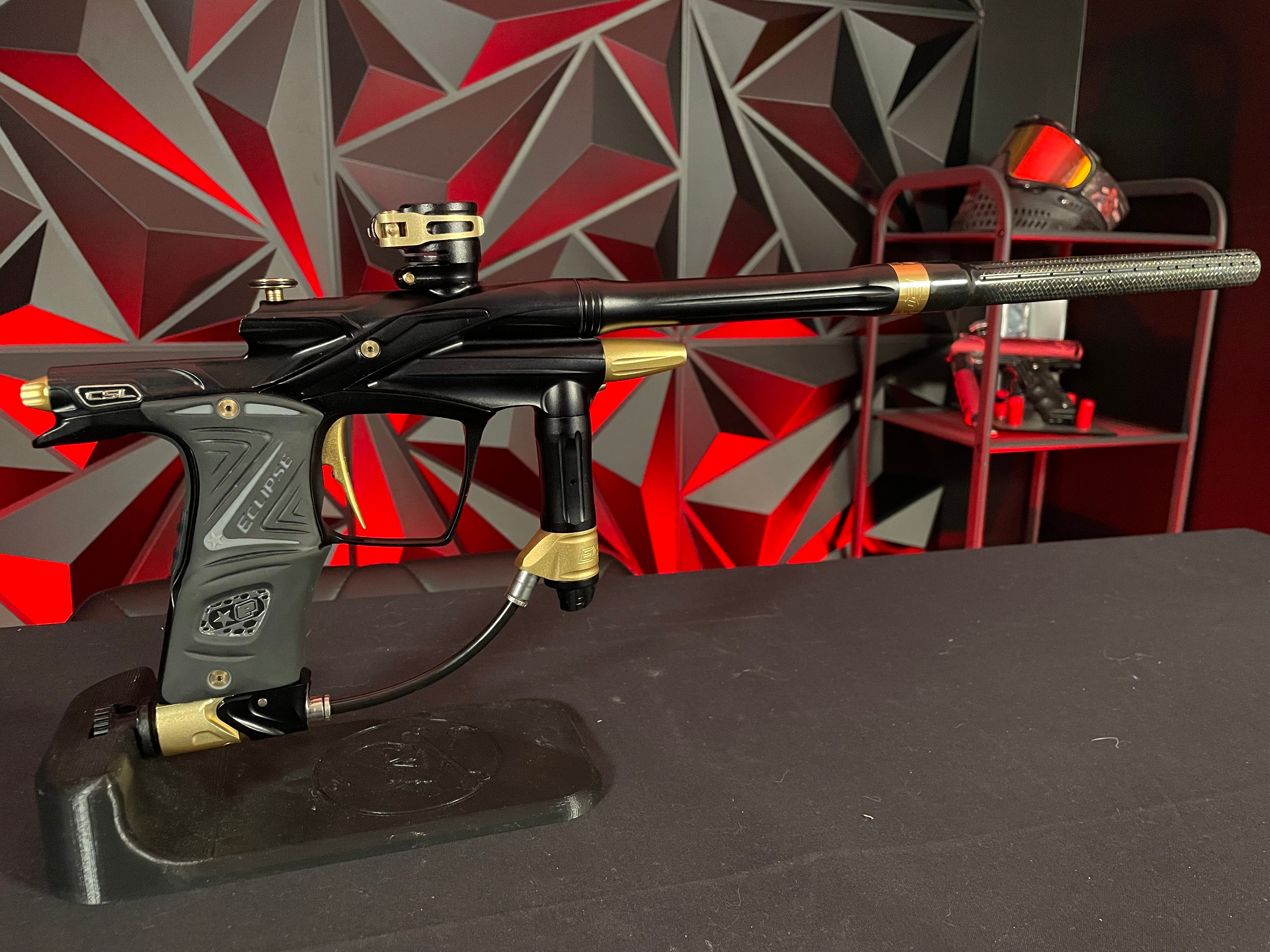 Used Planet Eclipse CSL Paintball Gun - Black/Gold w/14" & 16" Matching Carbon Fiber Tips, Blade and Scythe Trigger, & All 3 Barrel Backs