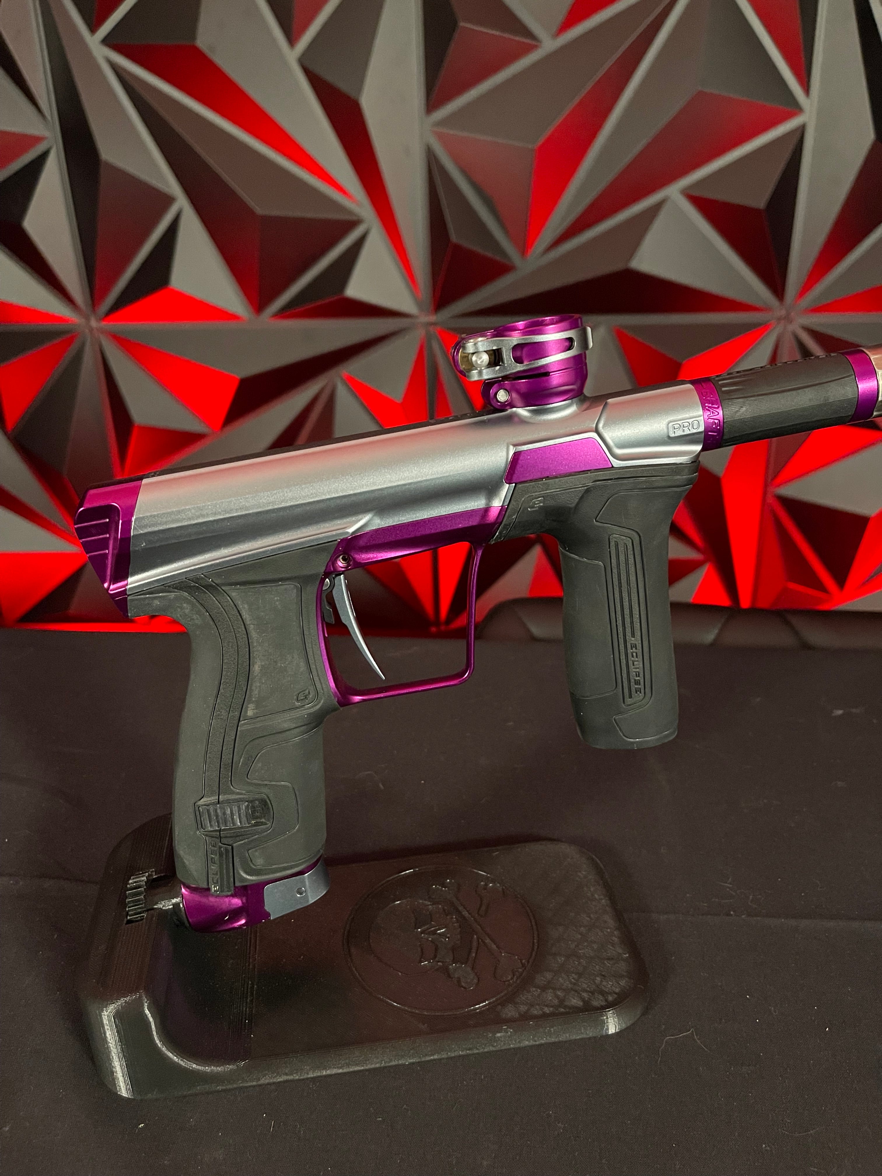 Used Planet Eclipse CS2 Pro Paintball Gun - Grey/Purple w/3 FL Backs & Infamous Deuce Trigger