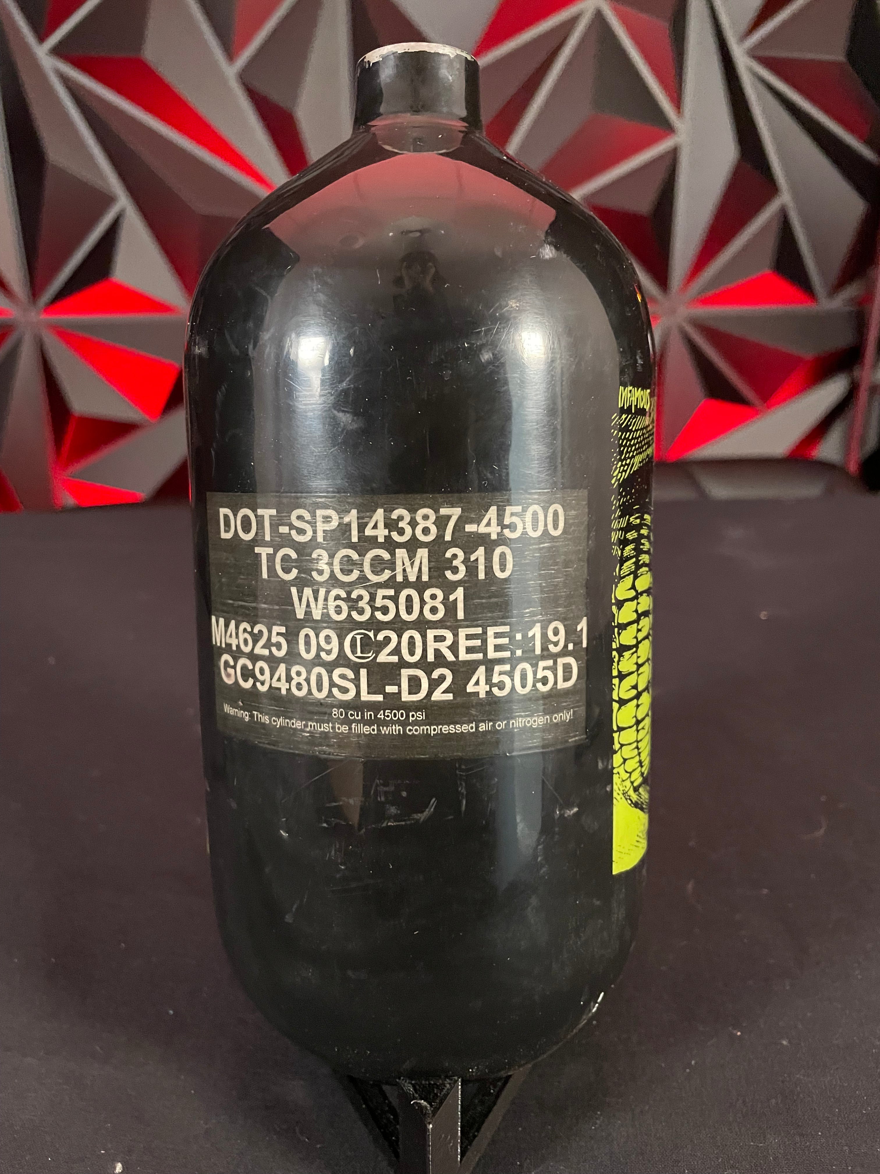 Used Infamous "Savage Skull" 80/4500 Paintball Tank Black/Lime BOTTL