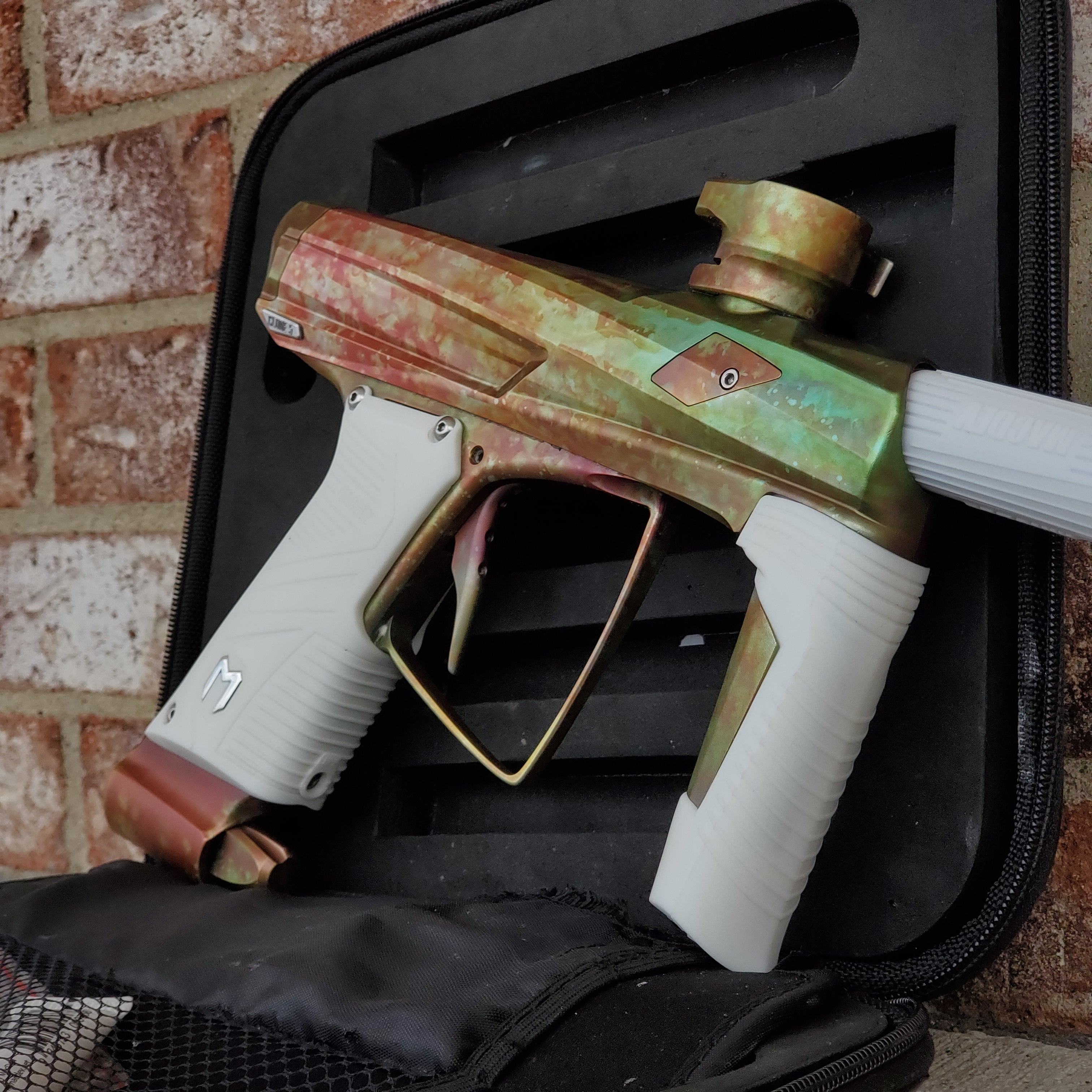 Used MacDev Clone 5 Paintball Gun - Red / Green Fire Fade