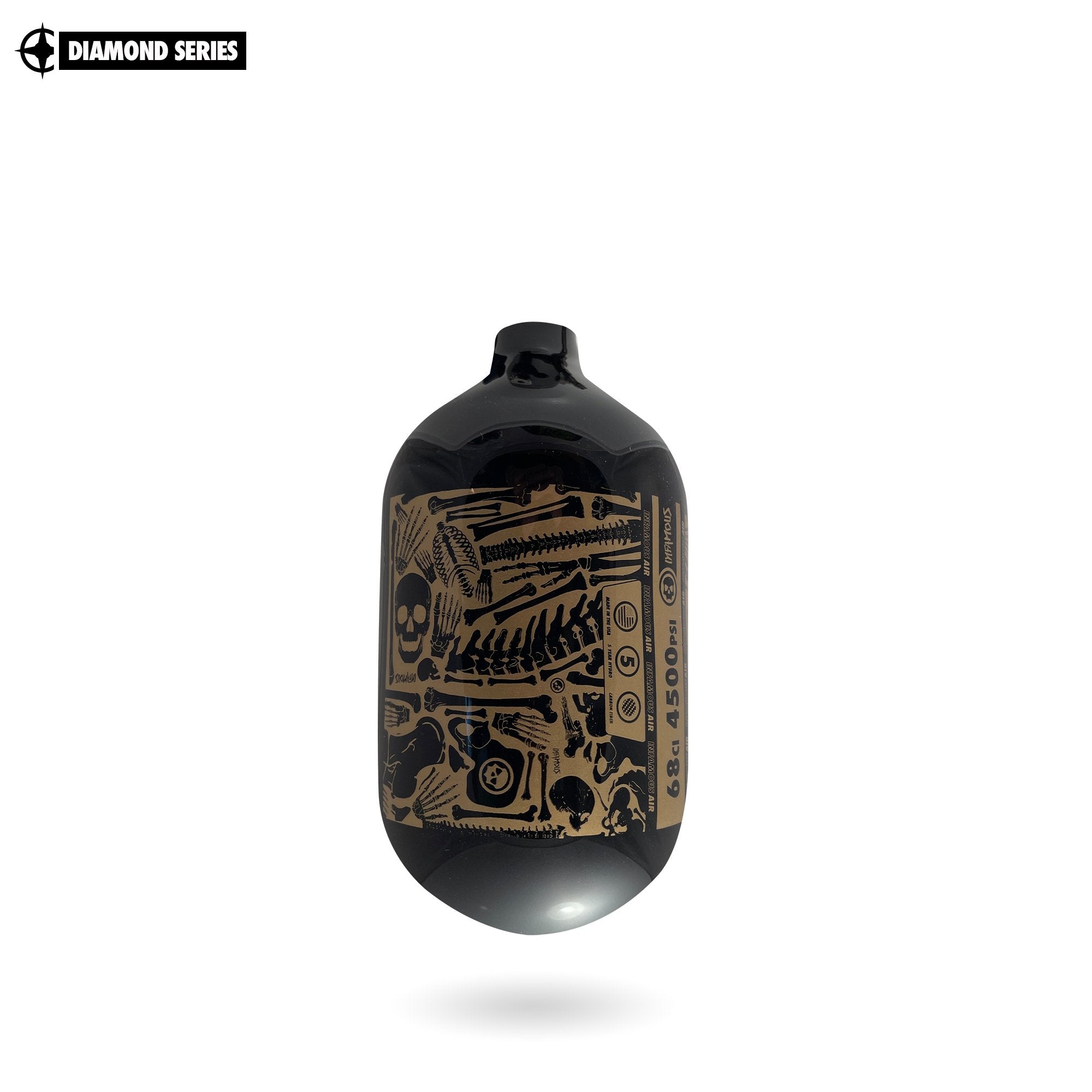 INFAMOUS AIR "BONES" Paintball Tank - Diamond Series - BOTTLE ONLY - 68CI / 4500PSI - Black / Gold