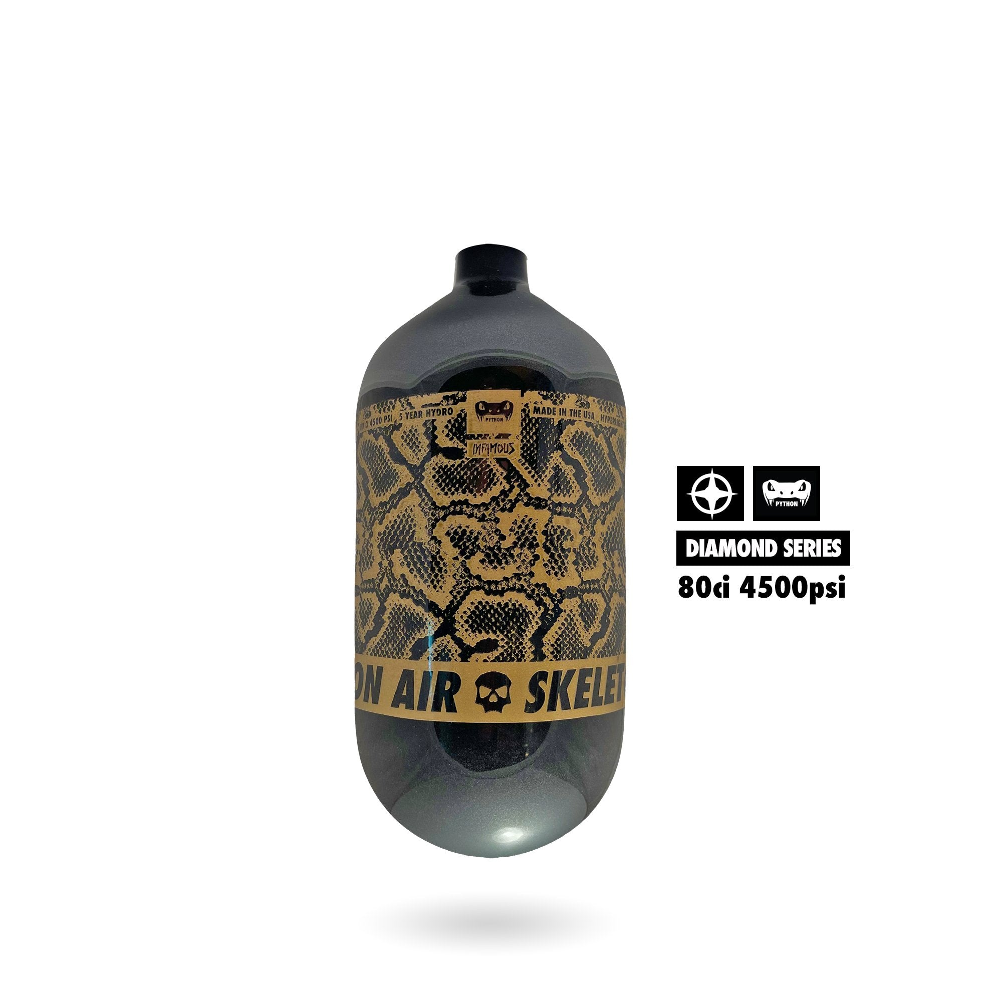 Infamous Python Air Paintball Tank BOTTLE ONLY - Diamond Series - Black/Gold - 80/4500 PSI