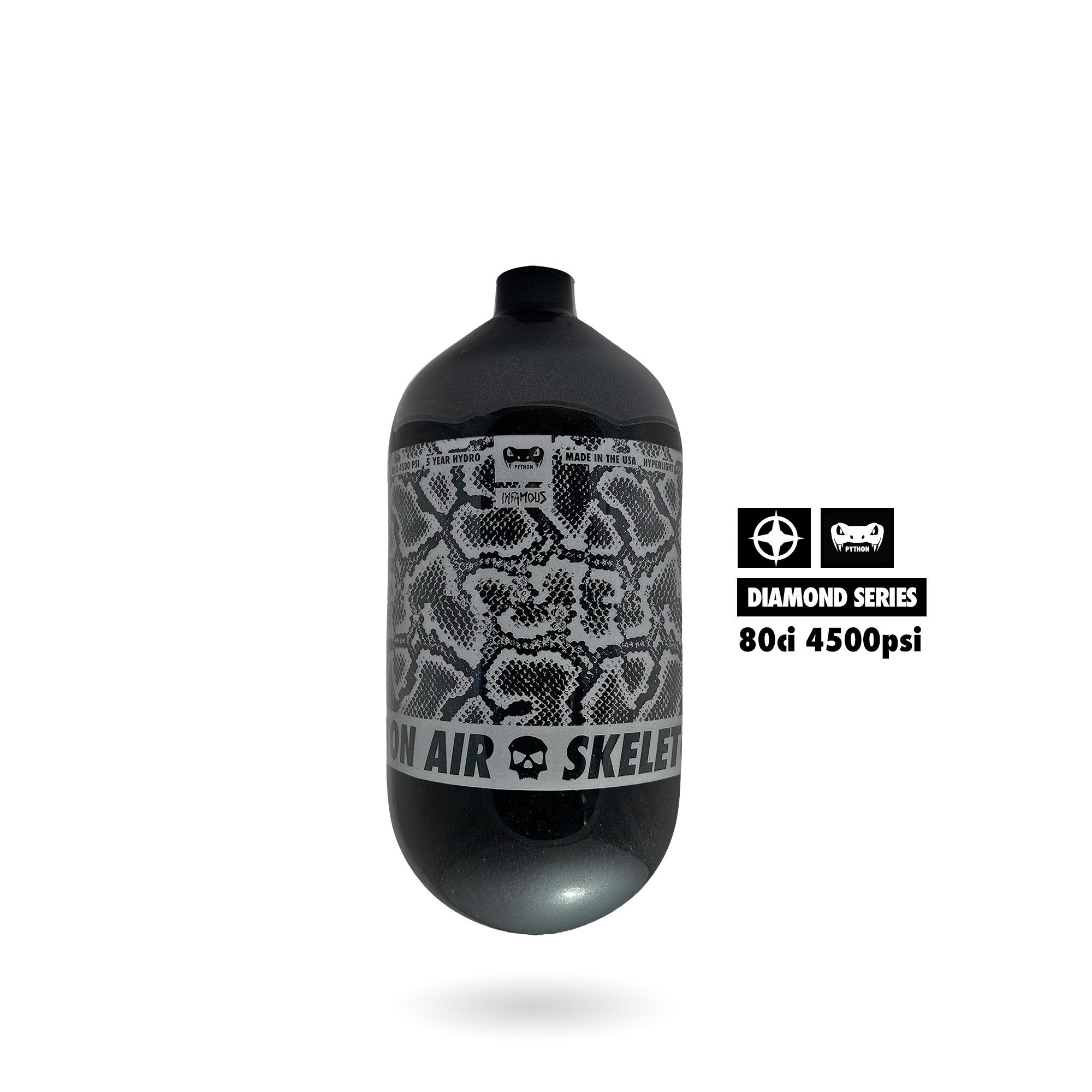 Infamous Python Air Paintball Tank BOTTLE ONLY - Diamond Series - Black/Silver - 80/4500 PSI