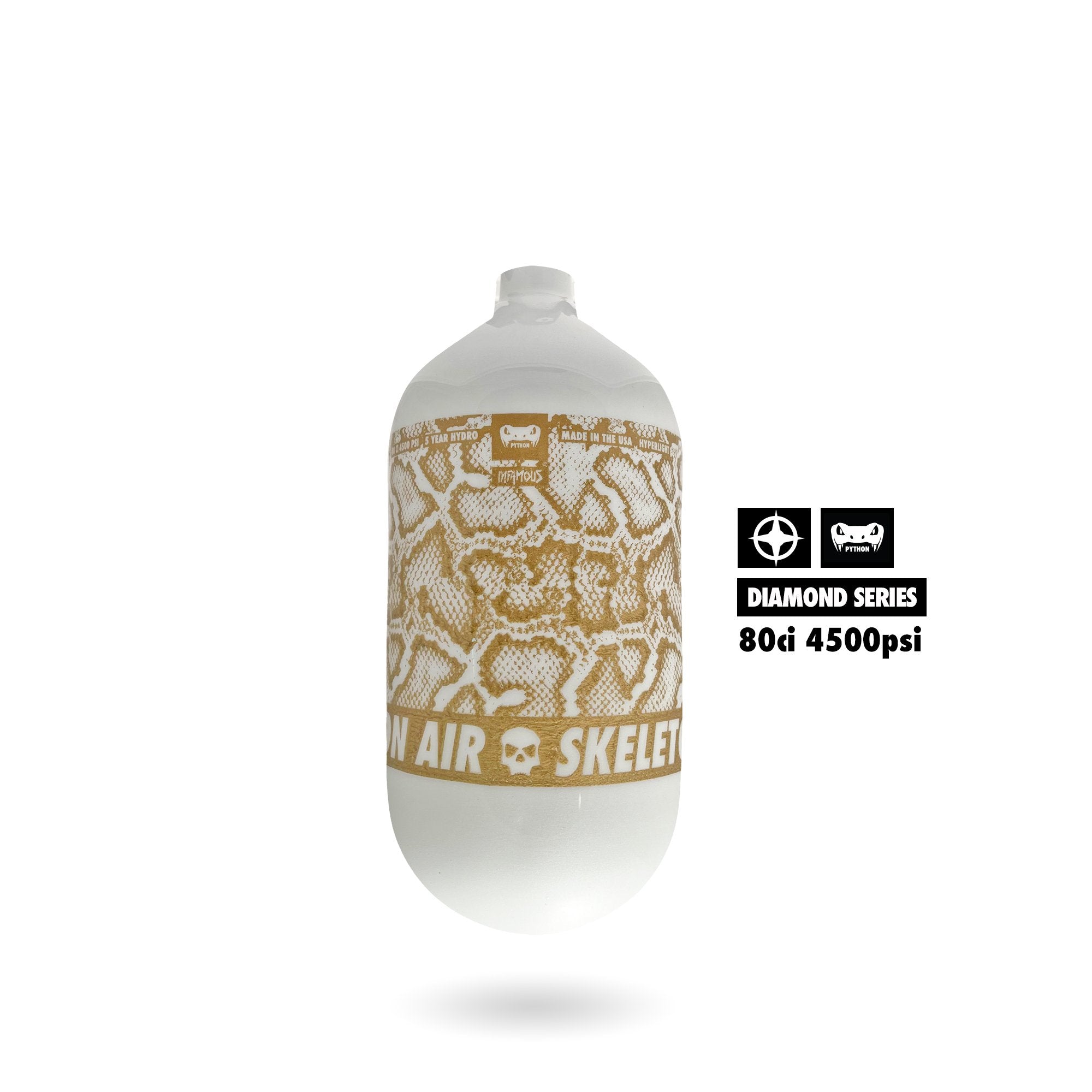 Infamous Python Air Paintball Tank BOTTLE ONLY - Diamond Series - White/Gold - 80/4500 PSI