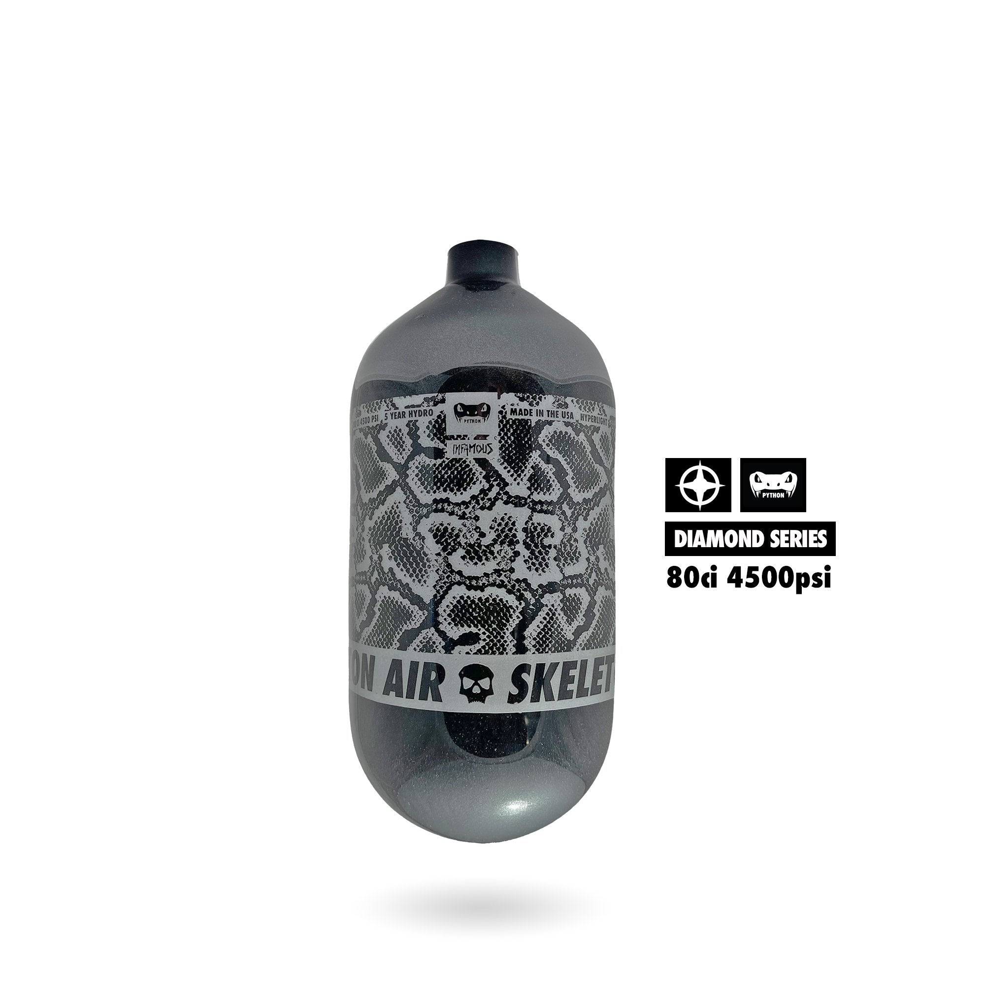 Infamous Python Air Paintball Tank BOTTLE ONLY - Diamond Series - Grey/Silver - 80/4500 PSI