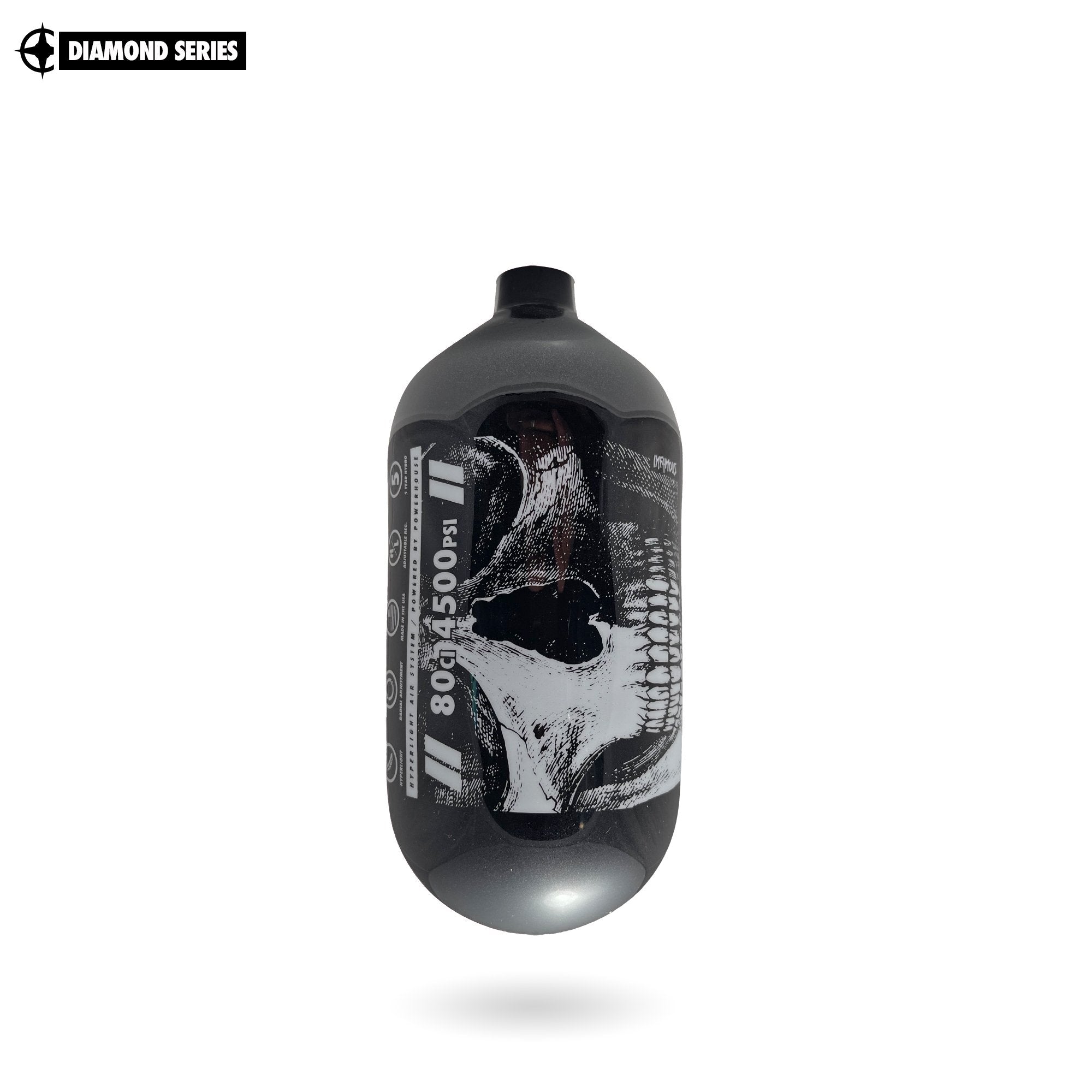 Infamous Skeleton Air "SAVAGE SKULL" Paintball Tank BOTTLE ONLY - Diamond Series - Black / White - 80/4500 PSI