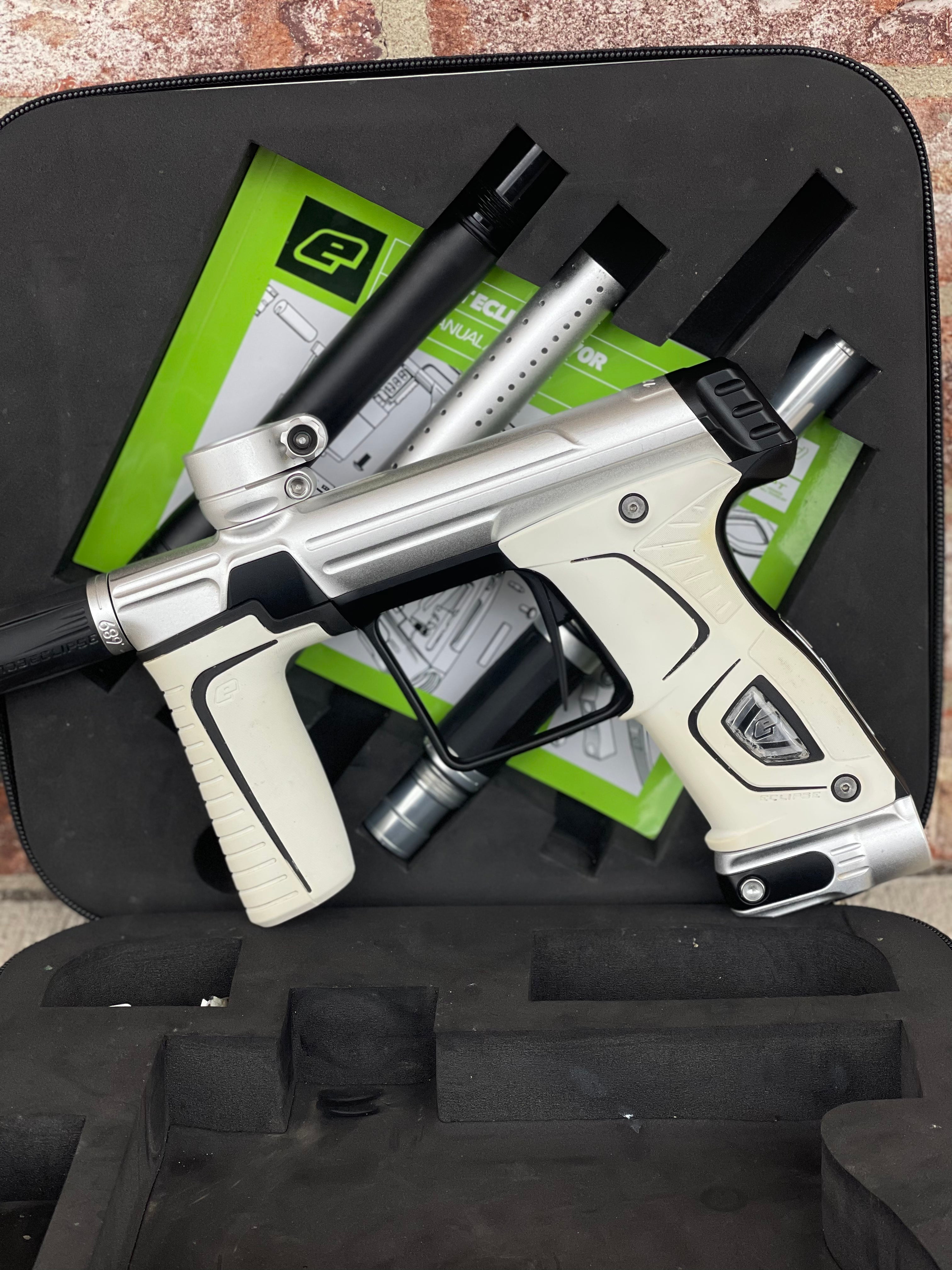 Planet Eclipse Gtek 170R Paintball Gun - Silver/Black w/ FL Barrel, Matching 2-Piece Barrel, and White Grips