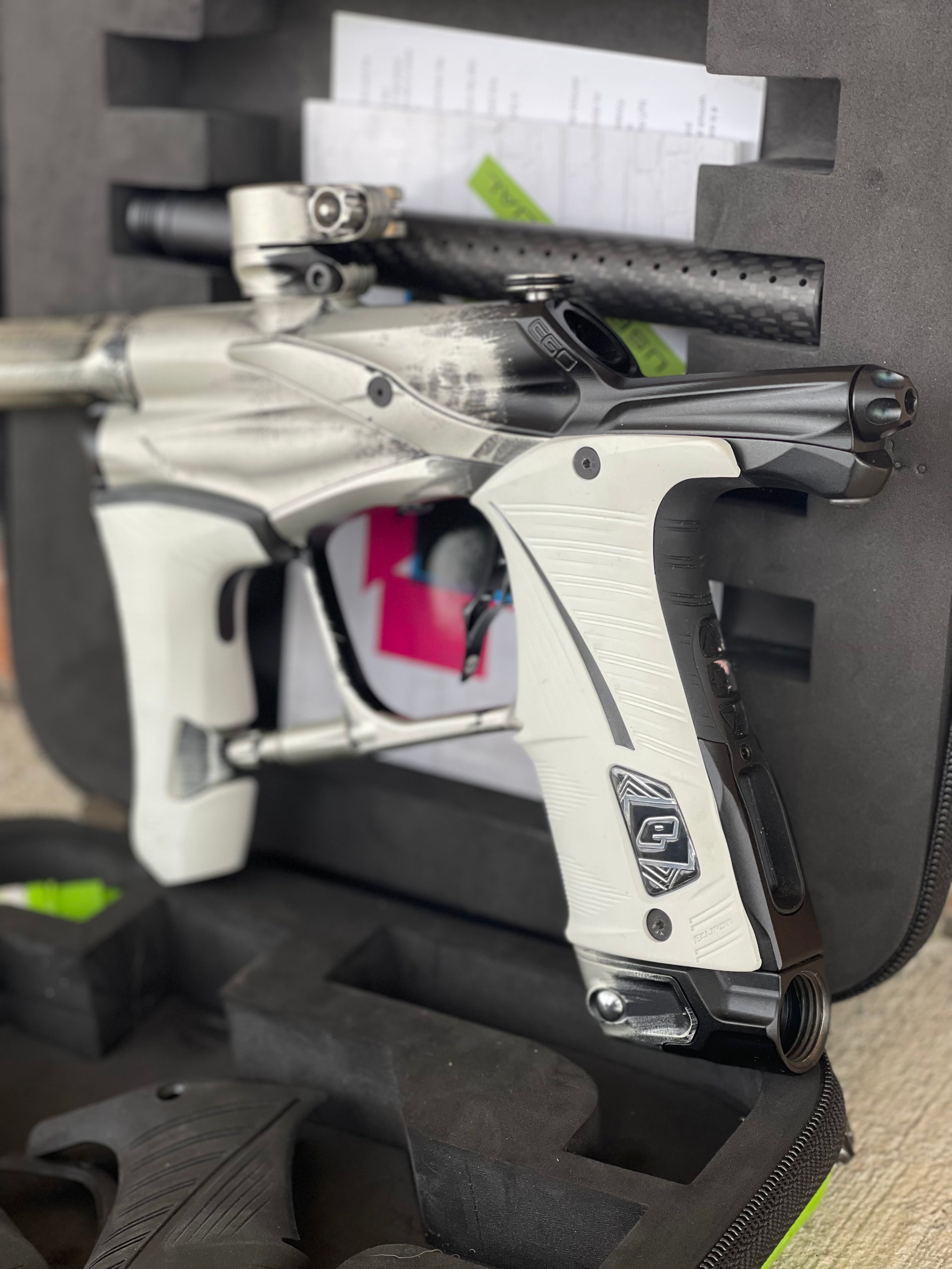 Used Planet Eclipse Ego Lv1.5 Paintball Marker- Silver/Black Fade Custom Anno w/ Infamous Deuce Trigger, White & Black Grips, Freak Barrel & Stock Barrel